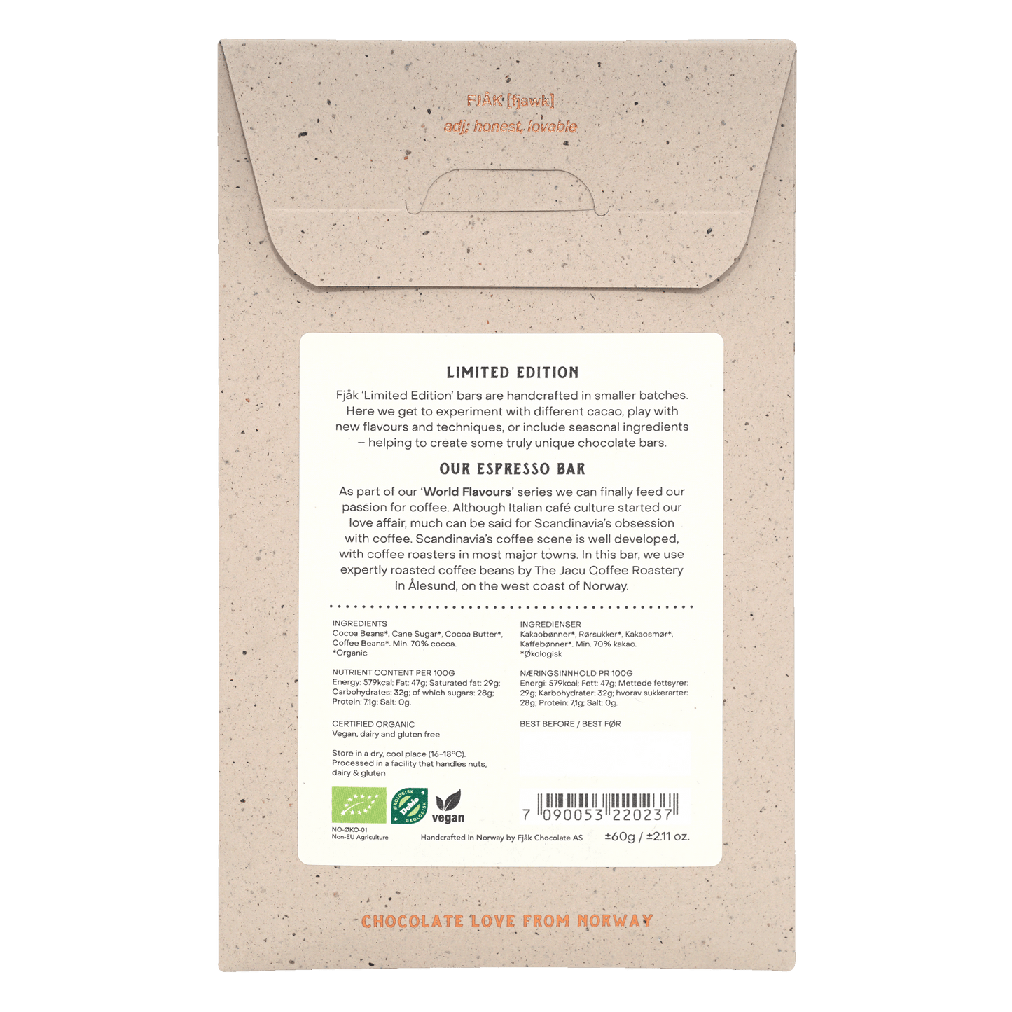 Fjåk Espresso Dark Chocolate 70% limited edition beige wrapper