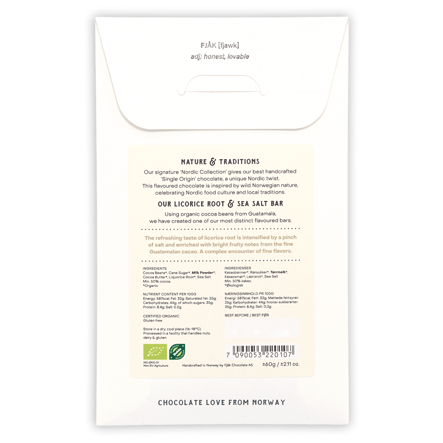 Fjåk Licorice Root Milk Chocolate 50% wrapper, minimalist white design