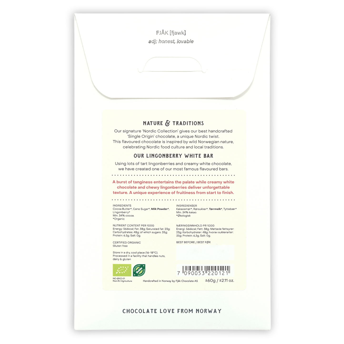 Fjåk Nordic Collection lingonberry white chocolate bar package