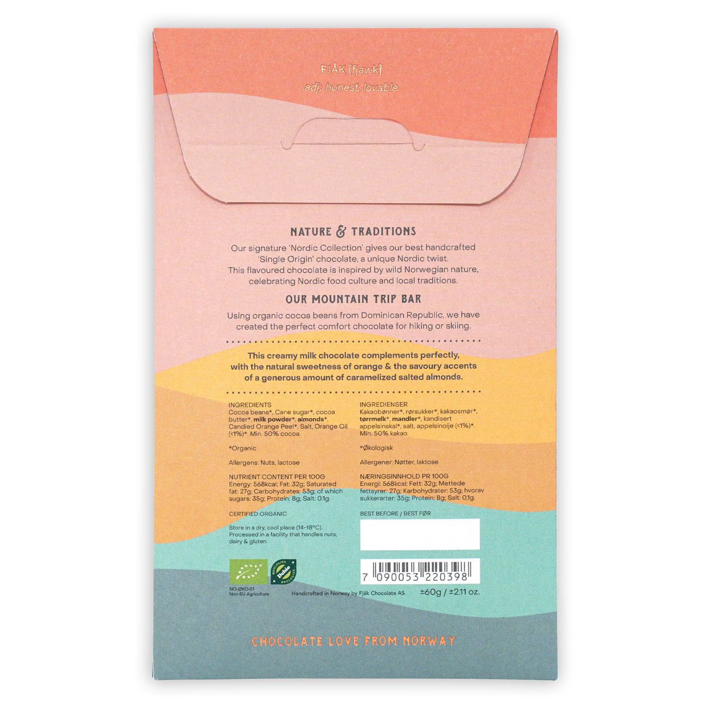 Fjåk Mountain Trip milk chocolate bar wrapper with fruit and nuts