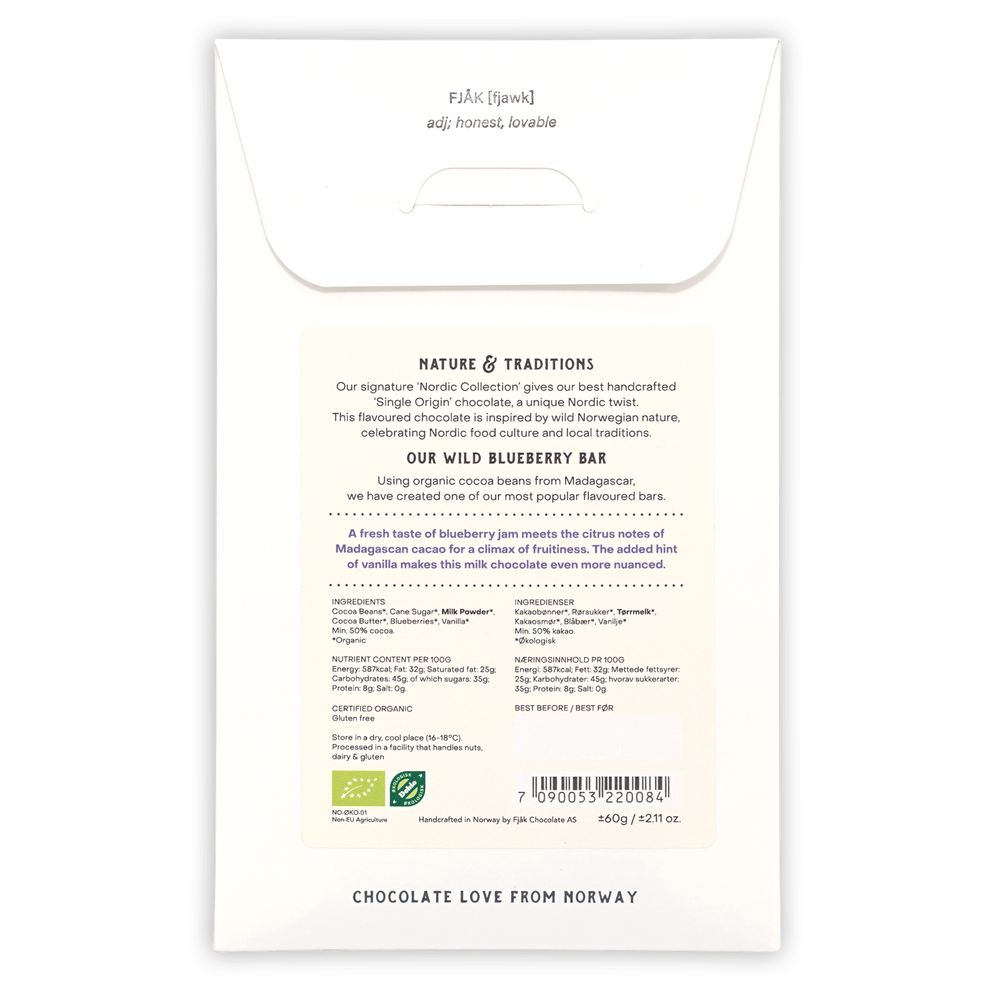 Fjåk Blueberry Milk Chocolate 50% Nordic Collection wrapper with wild blueberry flavor