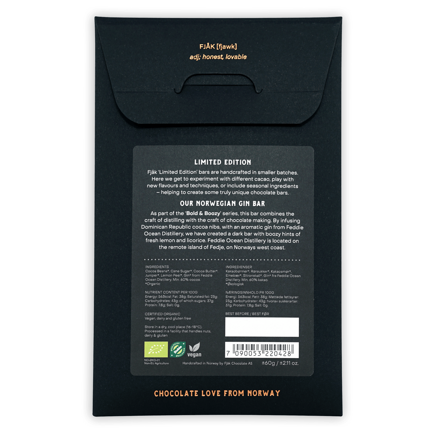 Black matte Fjåk Norwegian Gin Dark Chocolate 60% packaging