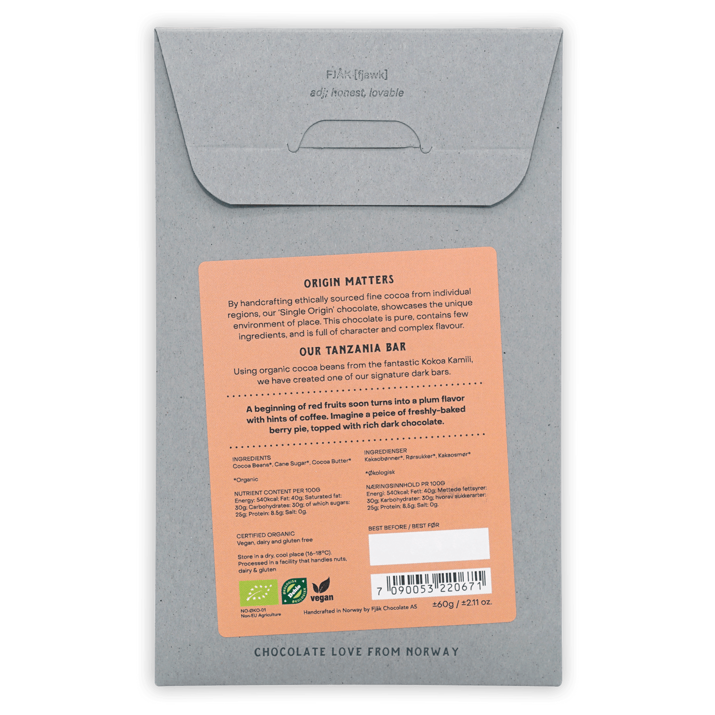 Fjåk Tanzania Dark Chocolate 75% gray textured wrapper with orange label