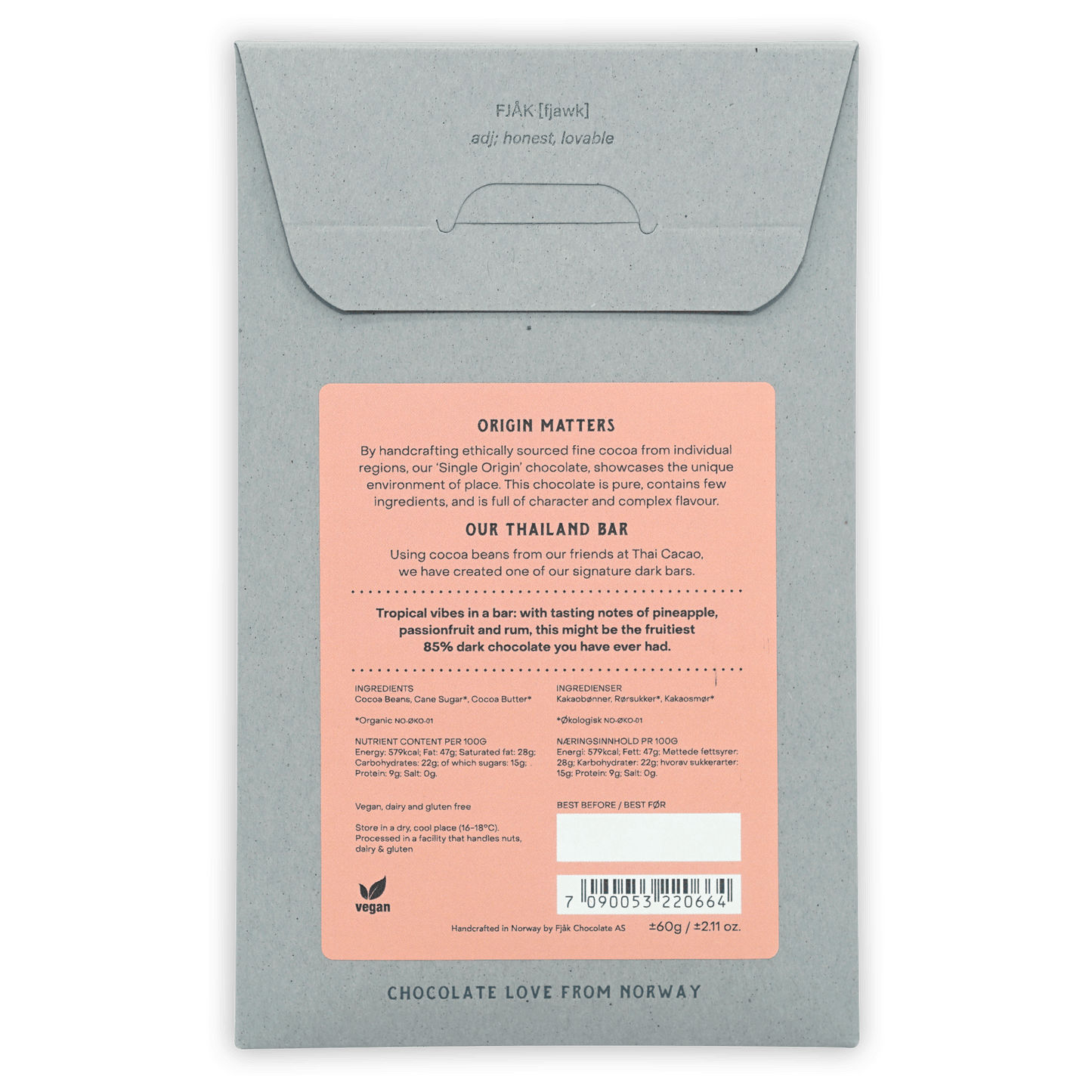 Fjåk Thailand Dark Chocolate 85% matte gray wrapper with peach label