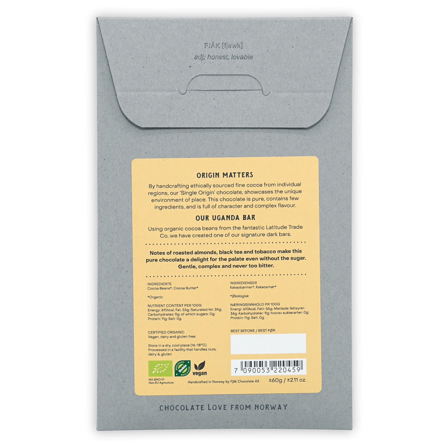 Fjåk Uganda Dark Chocolate 100% in gray textured paper wrapper with yellow organic label
