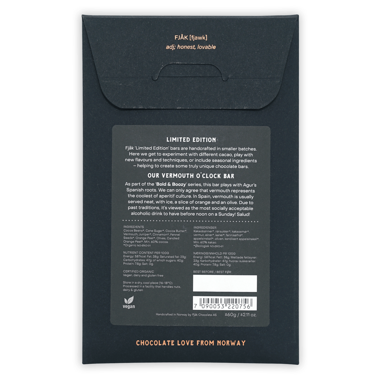Fjak Vermouth OClock limited edition dark gray matte chocolate bar packaging