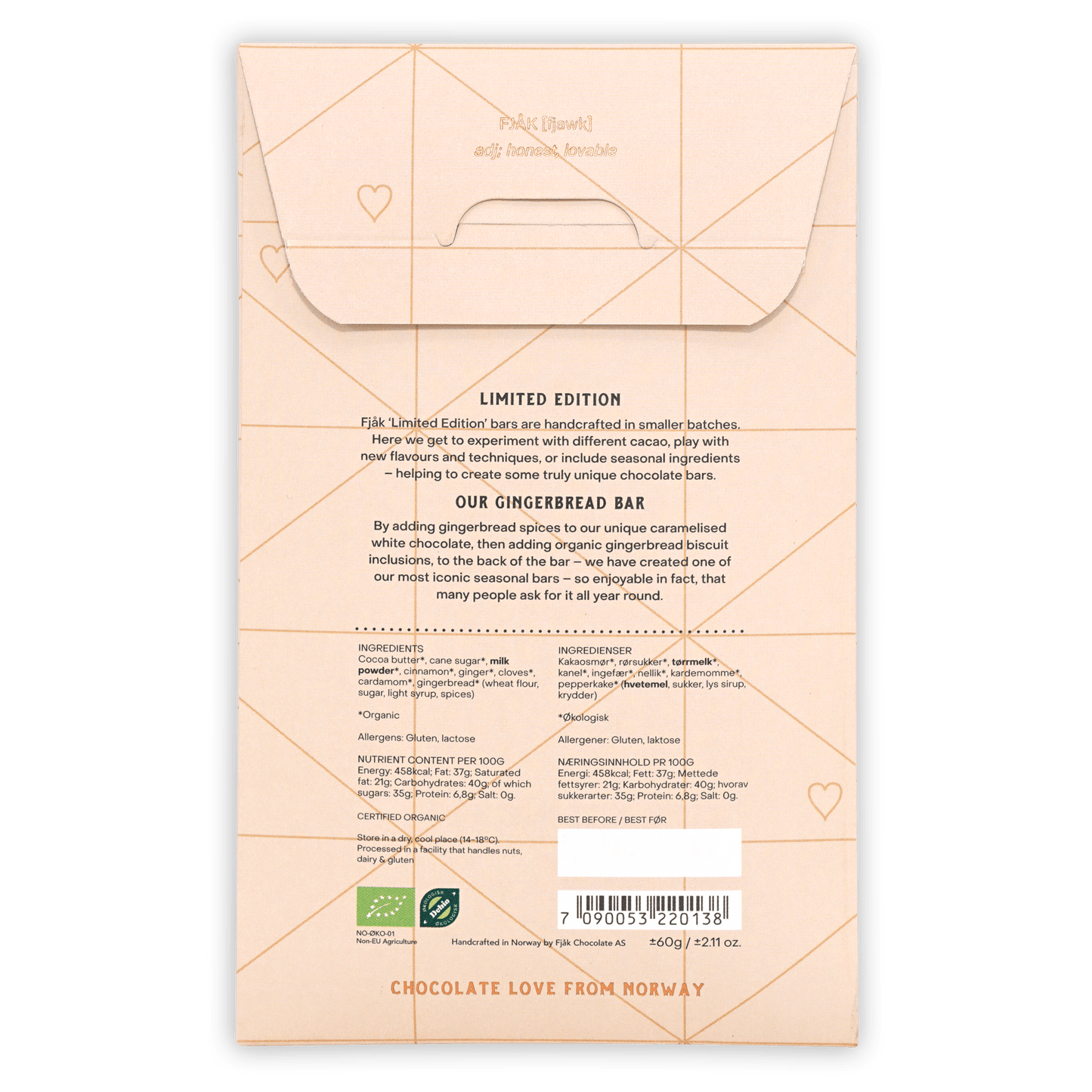 Fjåk limited edition gingerbread caramelized white chocolate bar wrapper