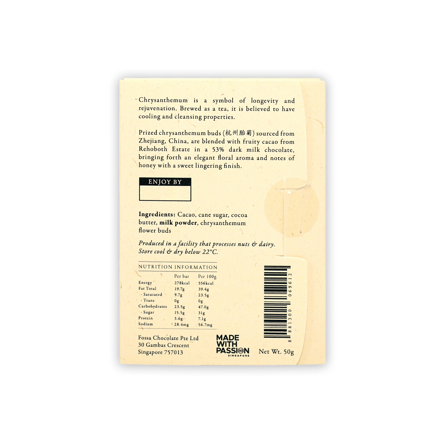 Back of Fossa Dark Milk Chocolate Chrysanthemum Tea 53% 50g wrapper with barcode