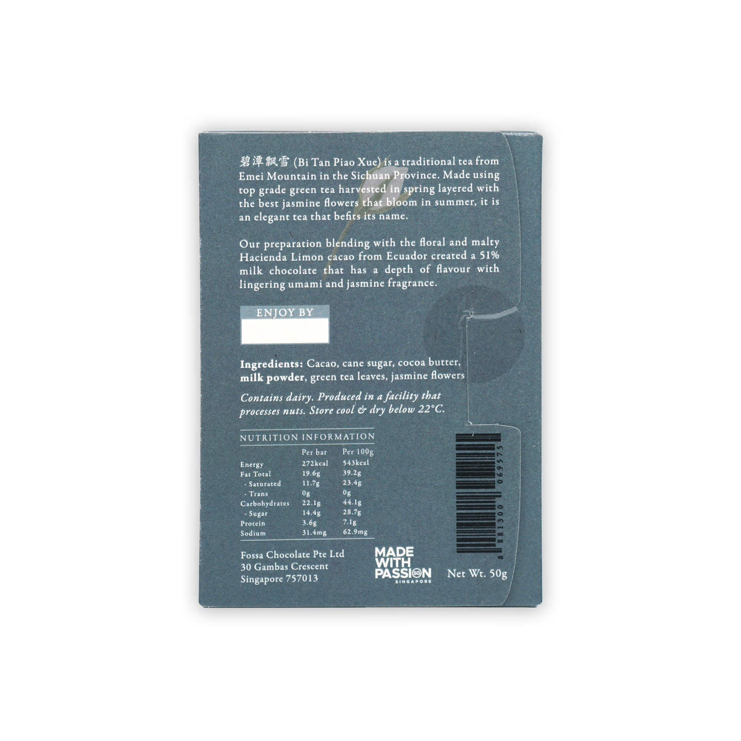 Fossa Milk Chocolate Drifting Snowflake Jasmine Green 51% matte gray package back