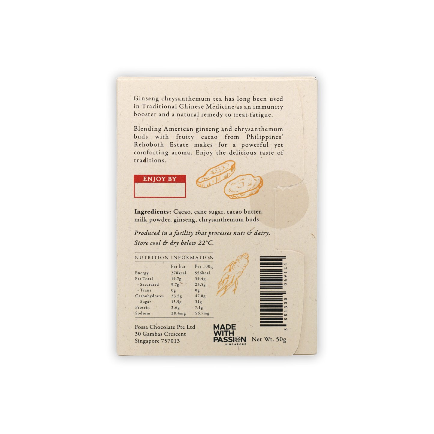Back of Fossa Dark Milk Chocolate Ginseng Chrysanthemum Tea 53% wrapper