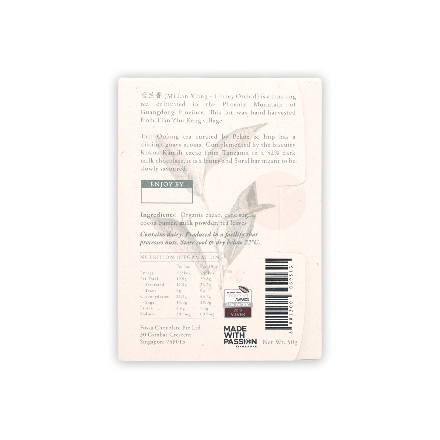 Back of Fossa Milk Chocolate Honey Orchid Dancong Oolong 52% wrapper with silver award seal