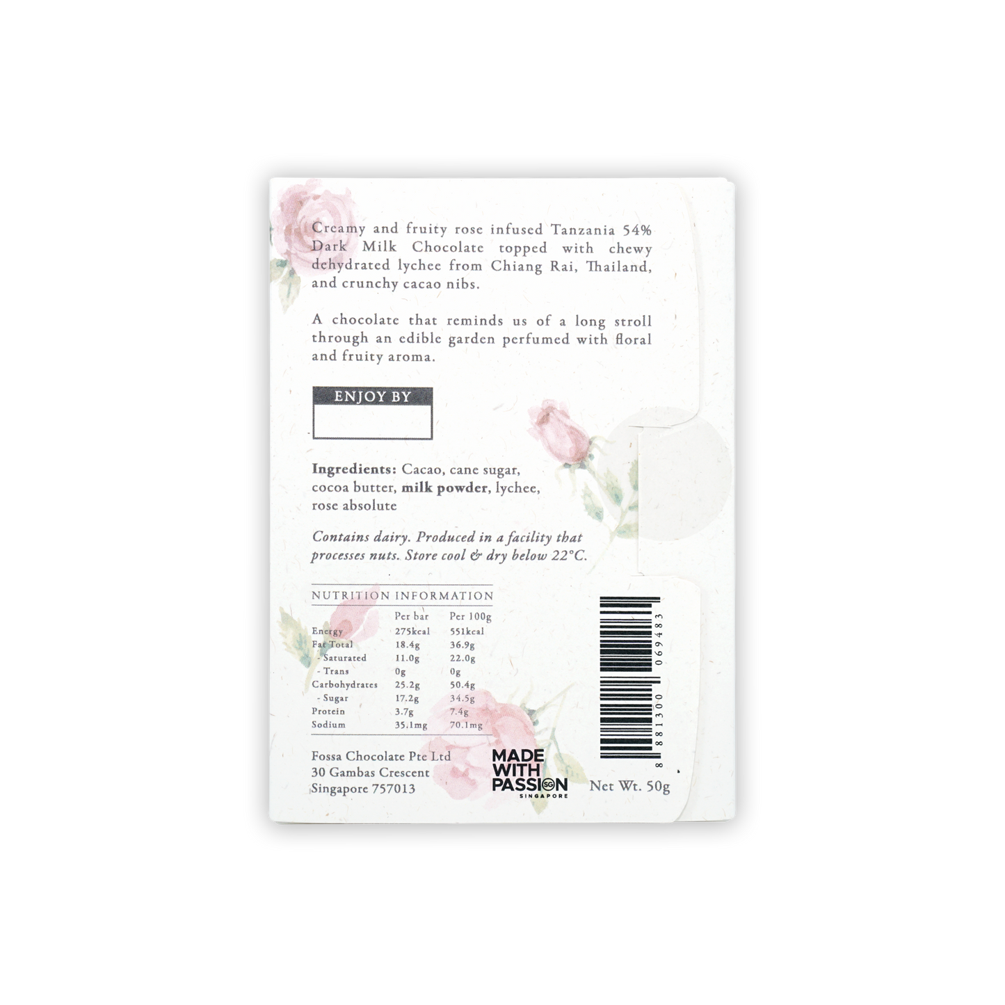 Fossa Dark Milk Chocolate Lychee Rose 54% white wrapper with floral design