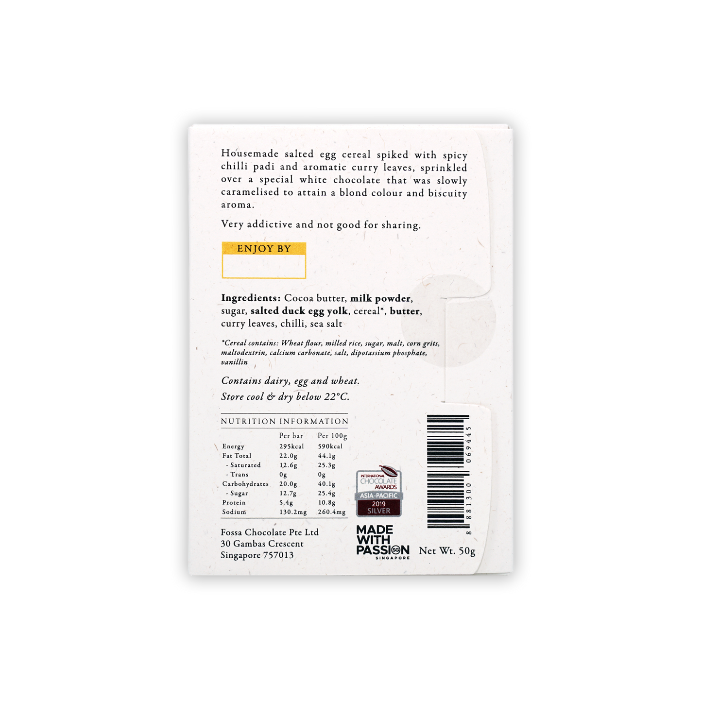 Back of Fossa Milk Chocolate Salted Egg Cereal Blond bar package with barcode