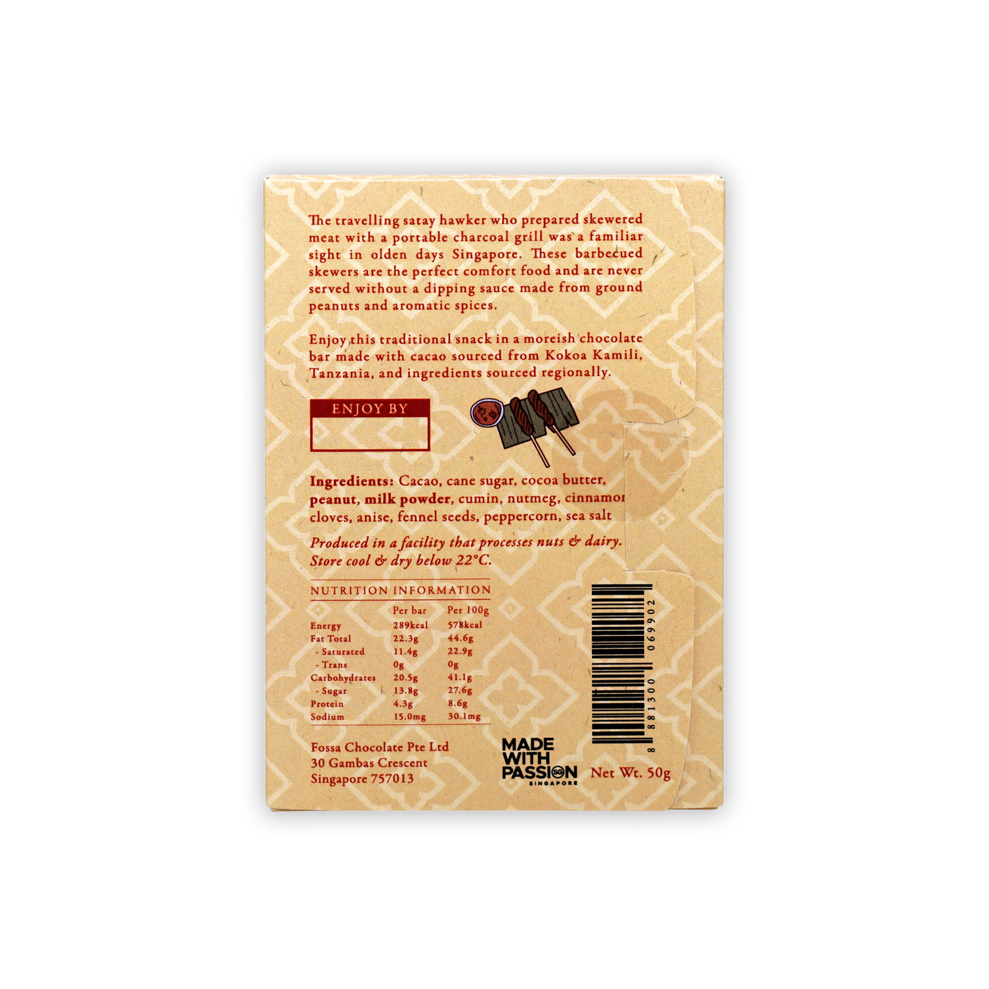Back of Fossa Milk Chocolate Satay Sauce 48% wrapper with beige design, red text, barcode, ingredients and nutrition info