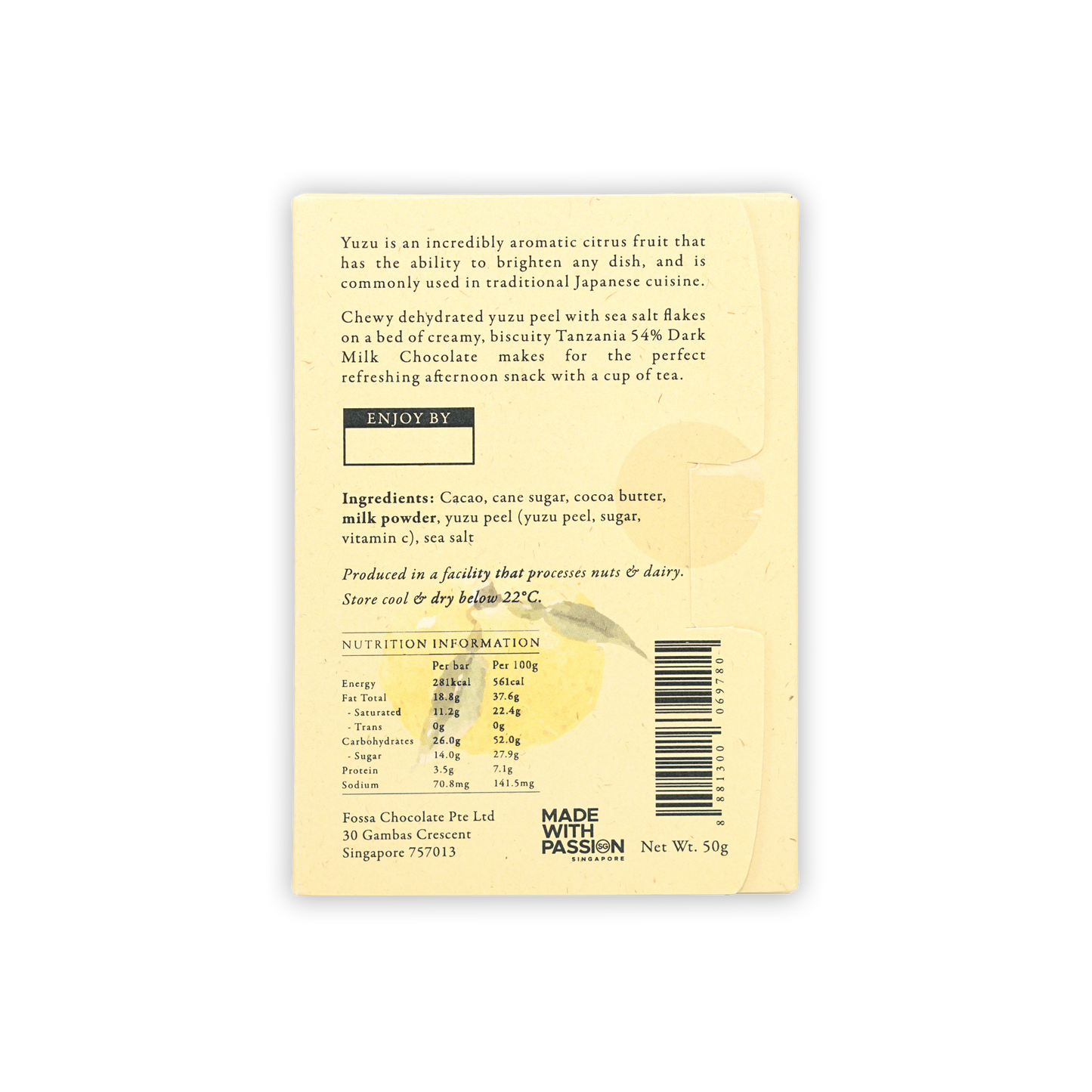 Back of Fossa Dark Milk Chocolate Yuzu Sea Salt 54% wrapper by Fossa Chocolate Pte Ltd