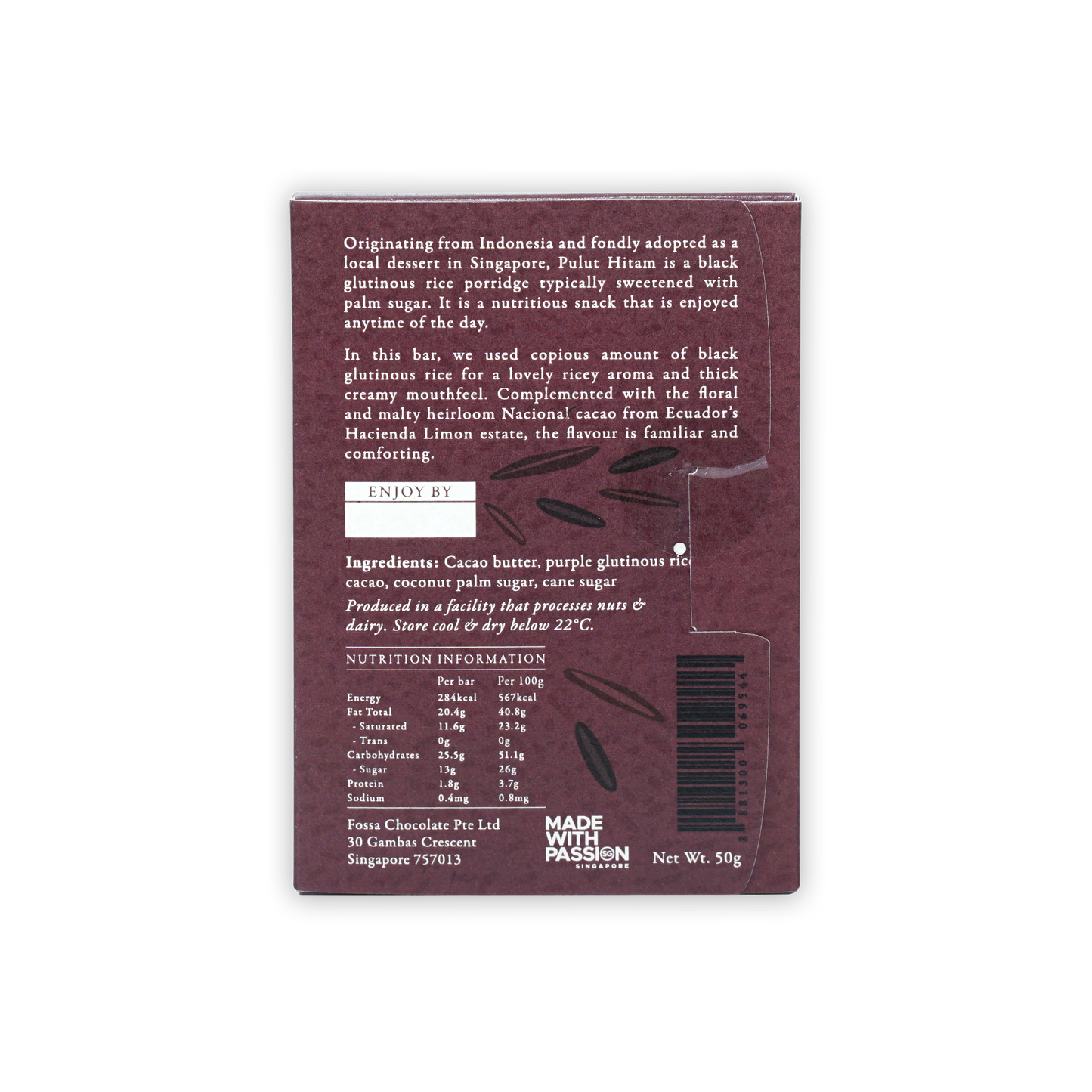 Back of Fossa Milk Chocolate Pulut Hitam 44% dark maroon wrapper with ingredients