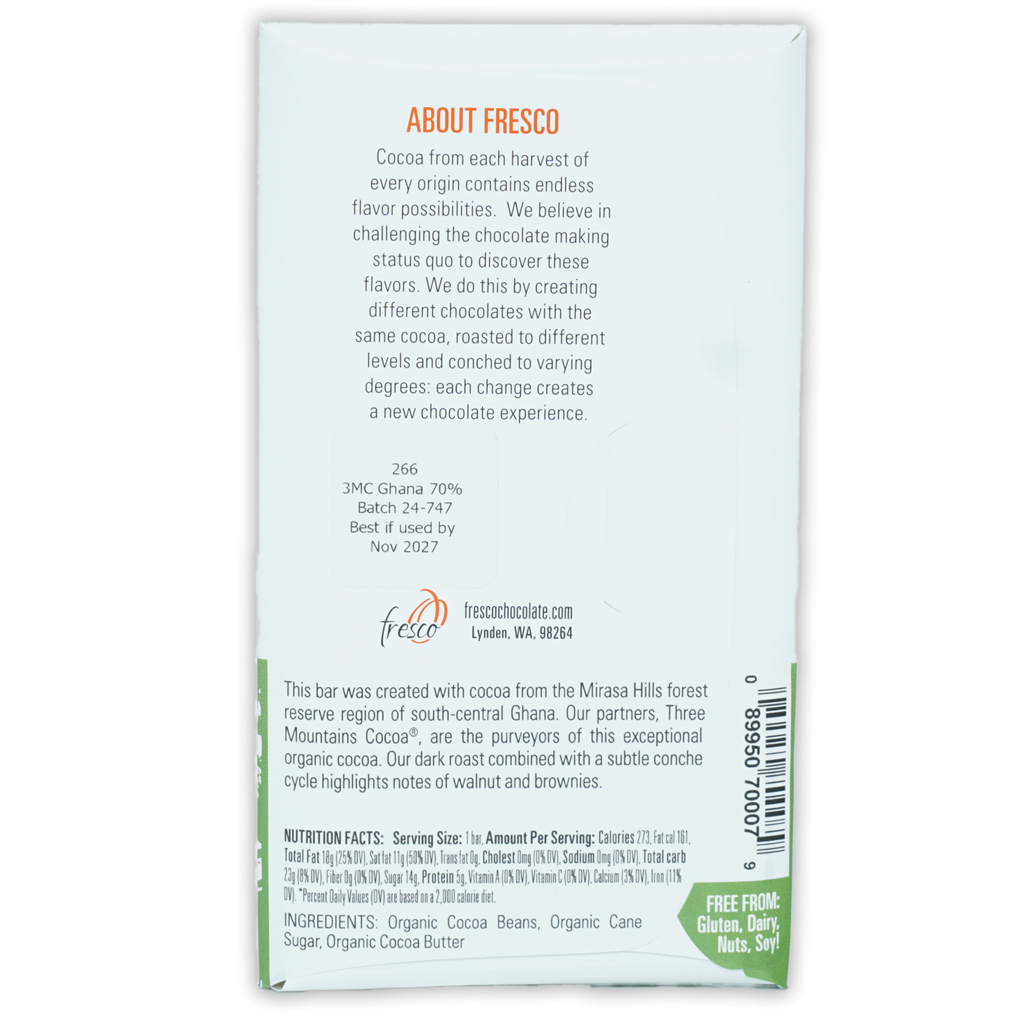 Fresco Ghana Dark Roast 70% white wrapper with green accents