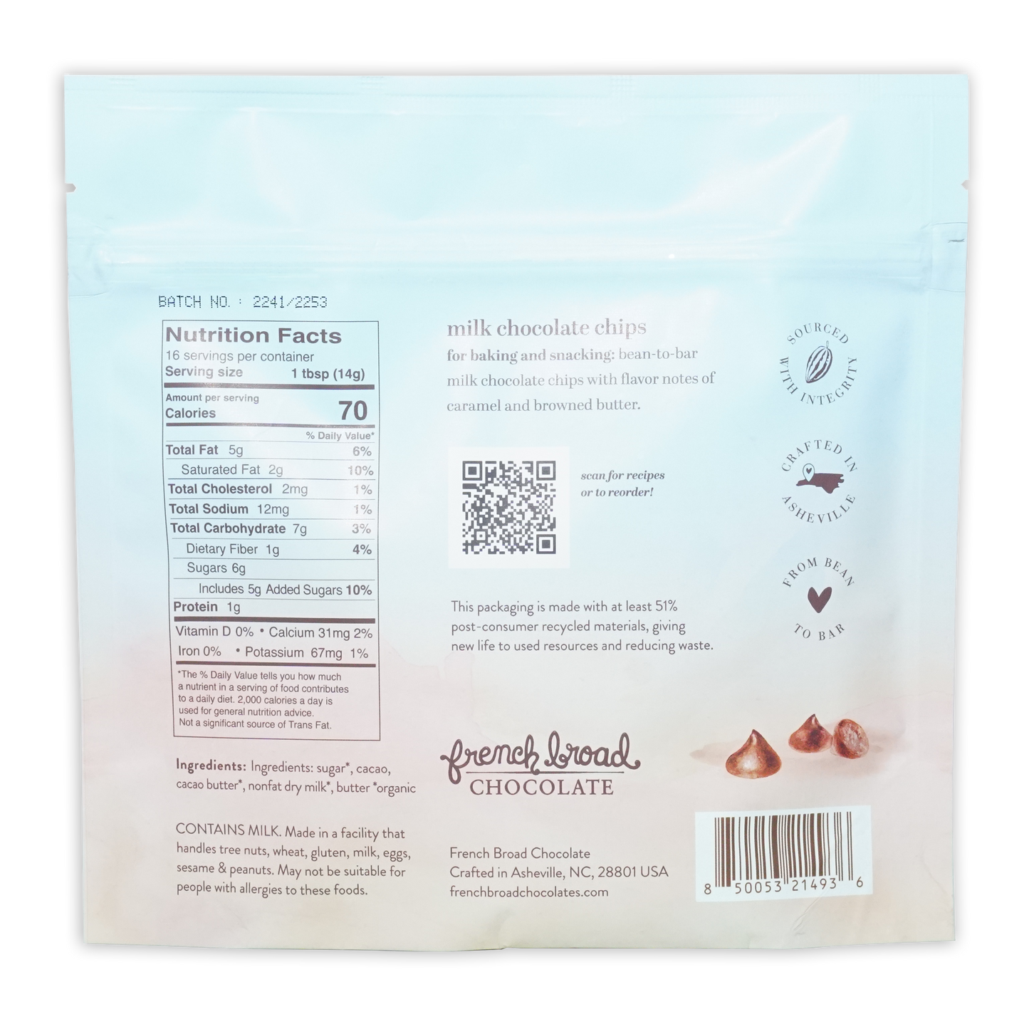 French Broad Brown Butter Milk Chocolate Chips 45% in resealable bag