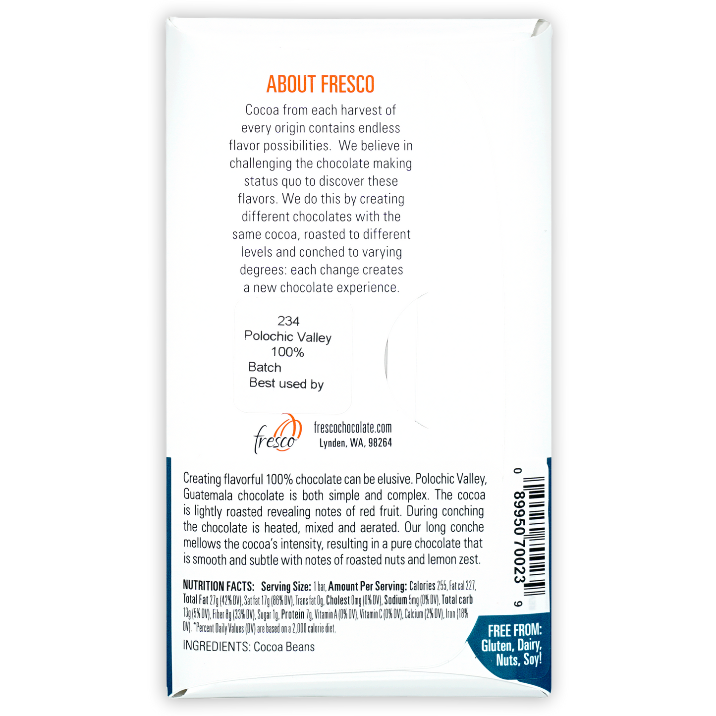 Fresco Polochic Valley Guatemala 100% cocoa chocolate bar wrapper