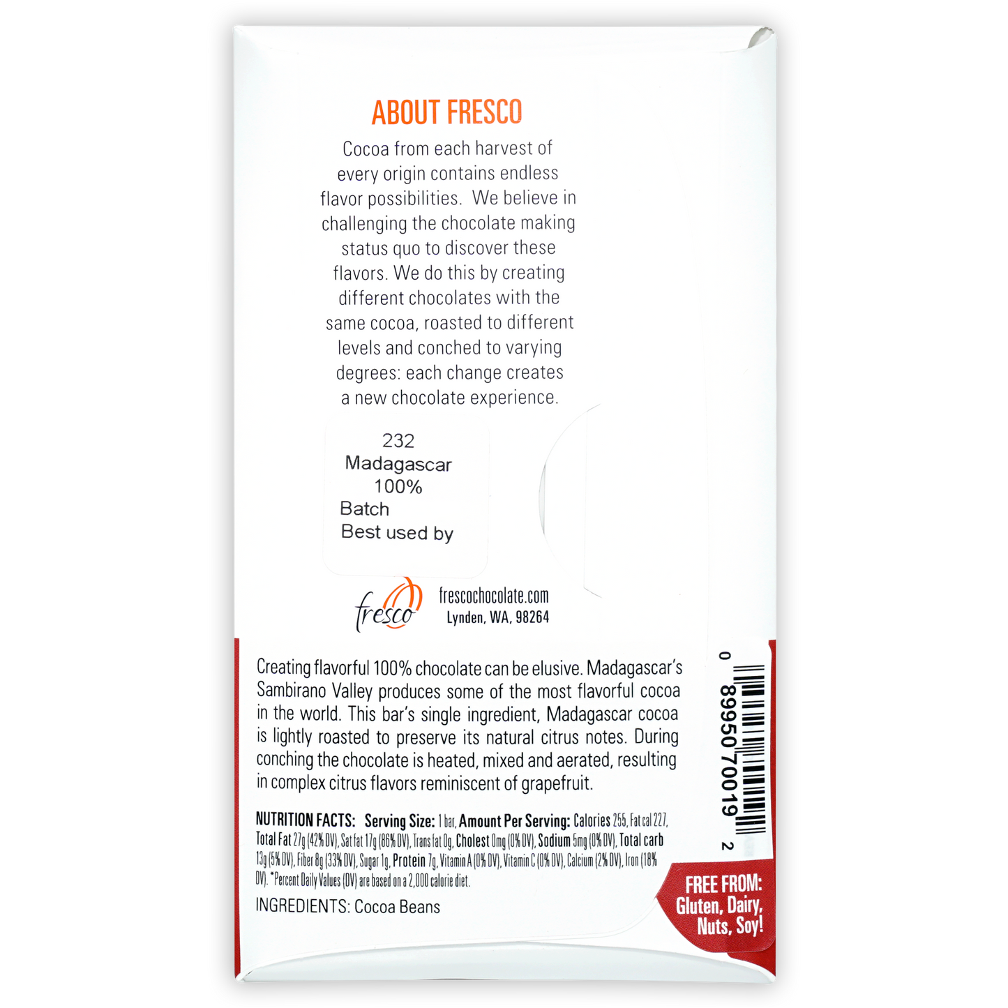 Fresco Madagascar 100% cocoa bar in white red package with orange text