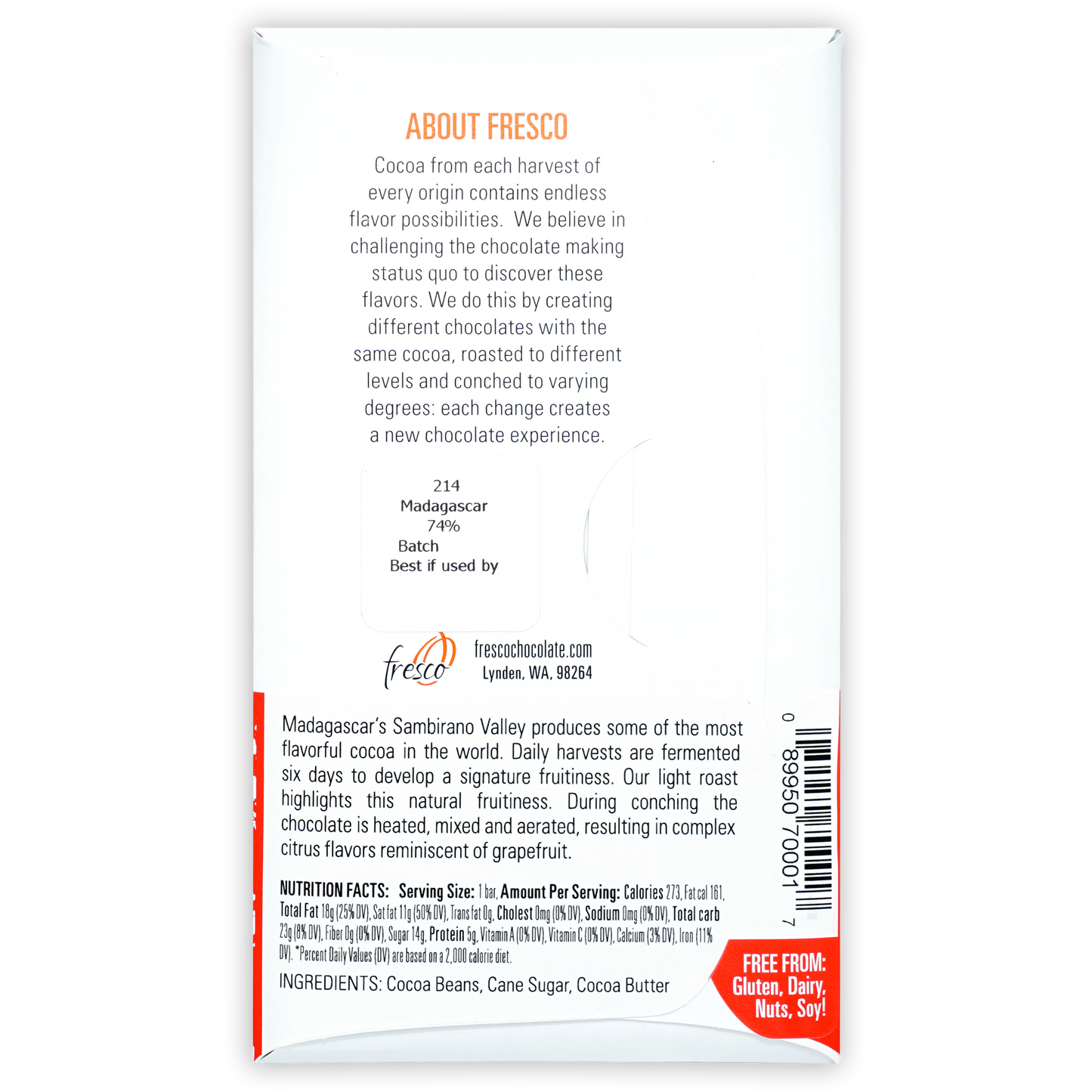 Fresco Madagascar Light Roast 74% chocolate bar wrapper