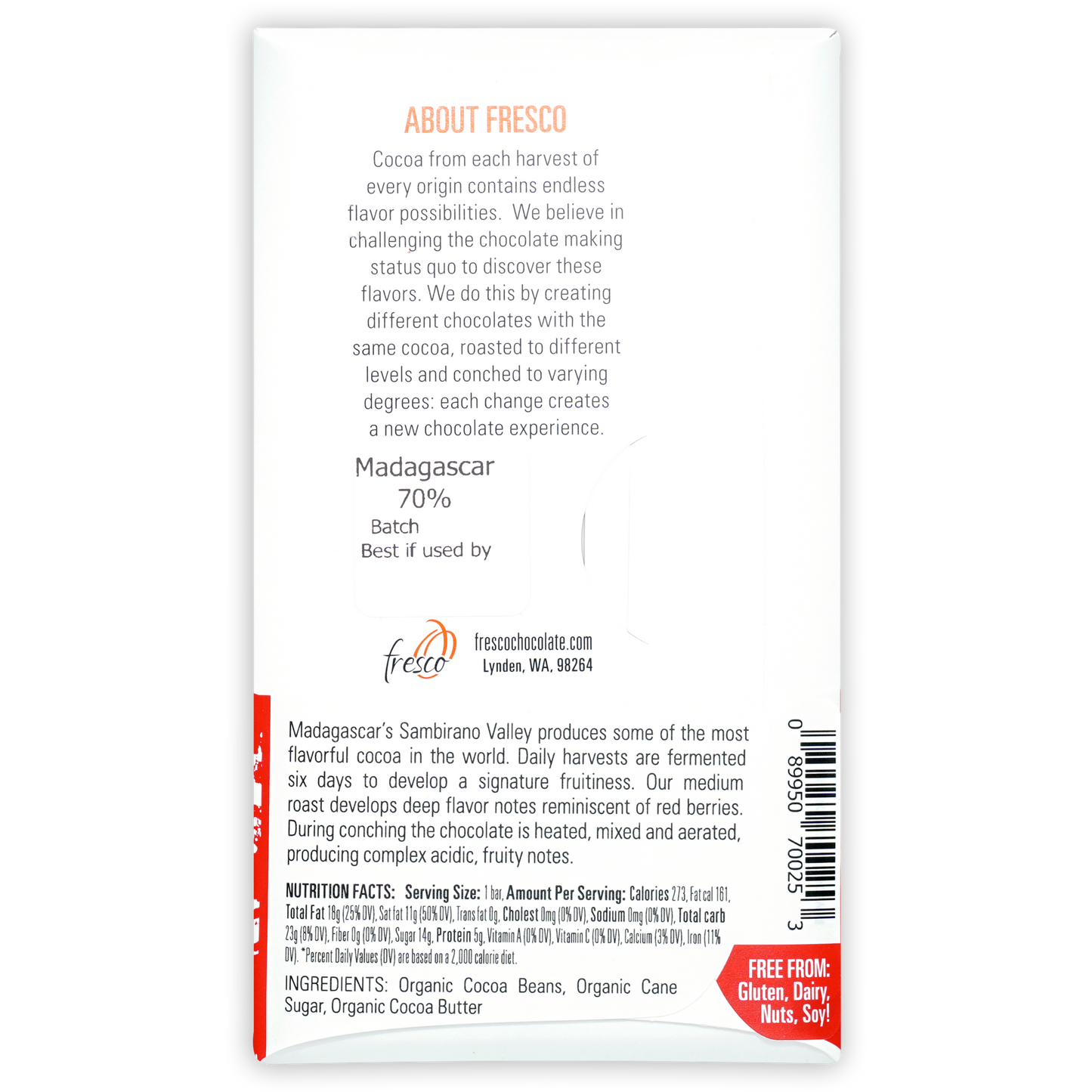 Fresco Madagascar Medium Roast 70% white wrapper with orange red accents
