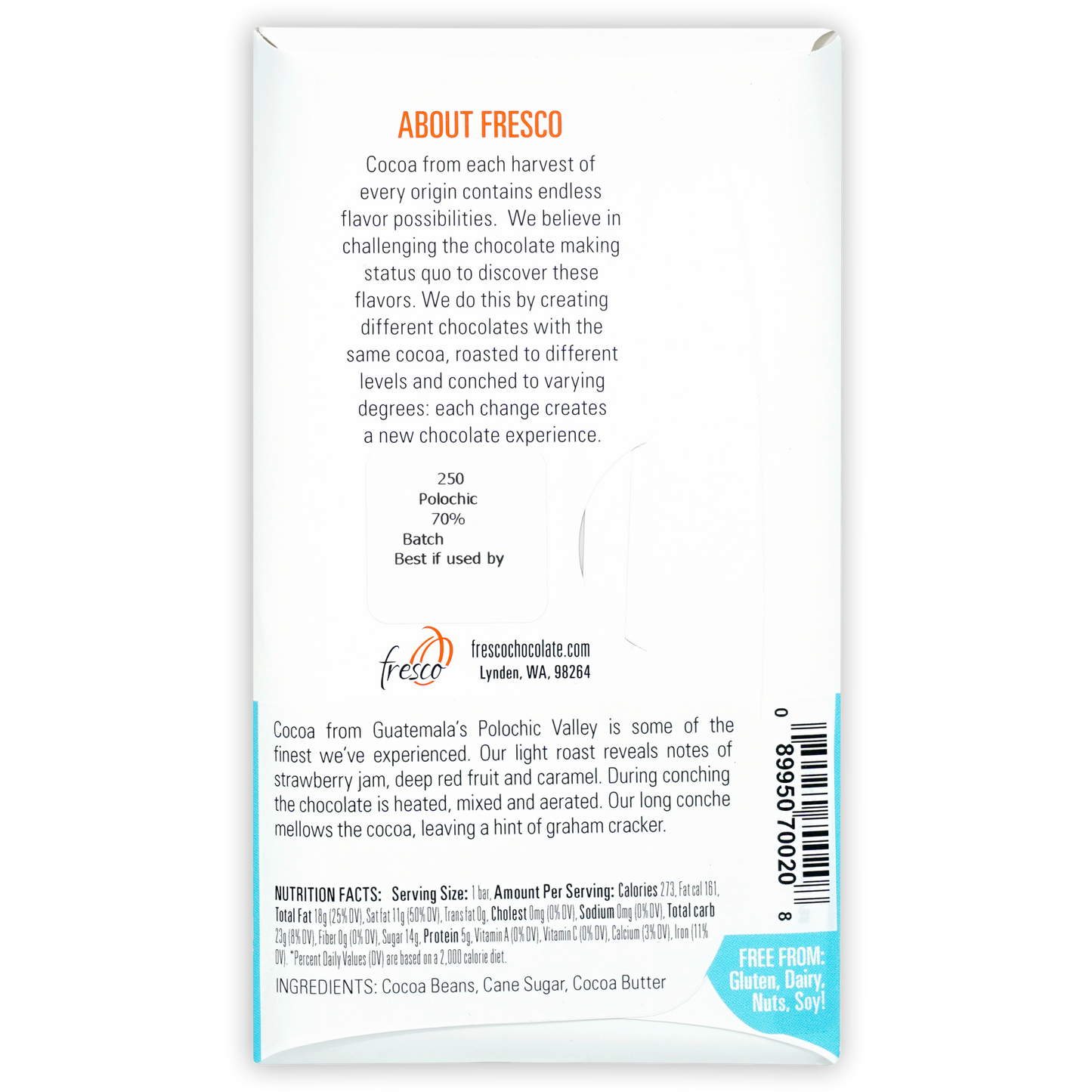 Fresco Polochic Valley Light Roast 70% dark chocolate package