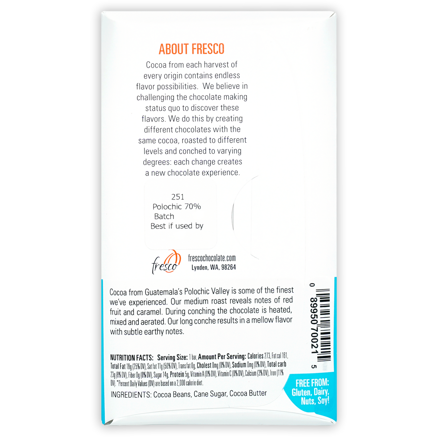 Fresco Polochic Valley 70% dark chocolate bar, white teal minimalist packaging