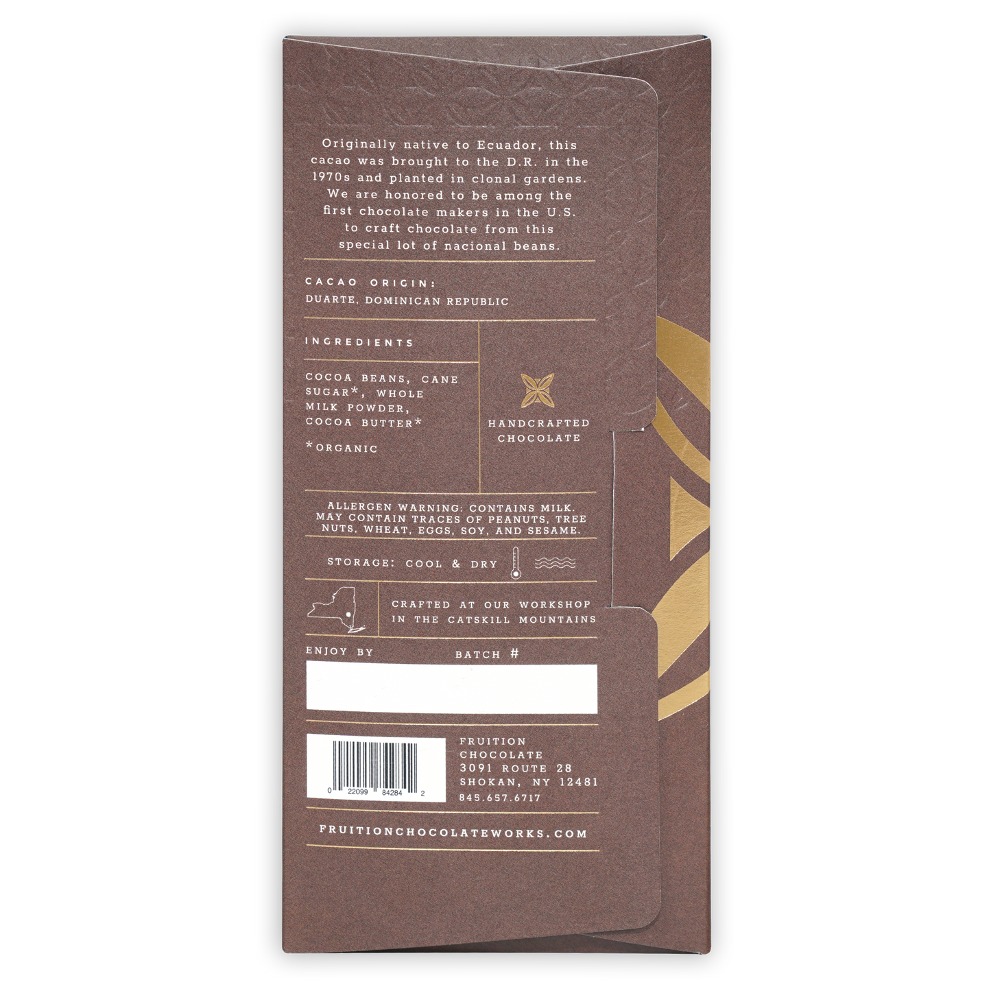Fruition Dominican Nacional Dark Milk 68% organic Ecuador chocolate bar wrapper