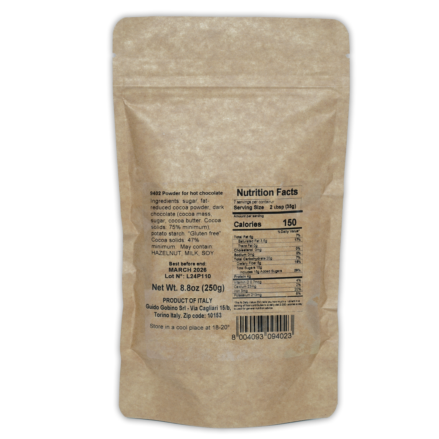 Guido Gobino 9402 Italian hot chocolate powder in beige resealable pouch