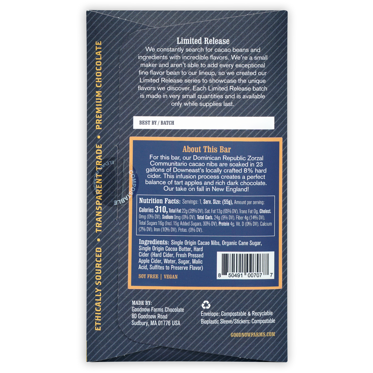 Back of Goodnow Farms Dark Unfiltered Hard Cider 70% chocolate bar wrapper