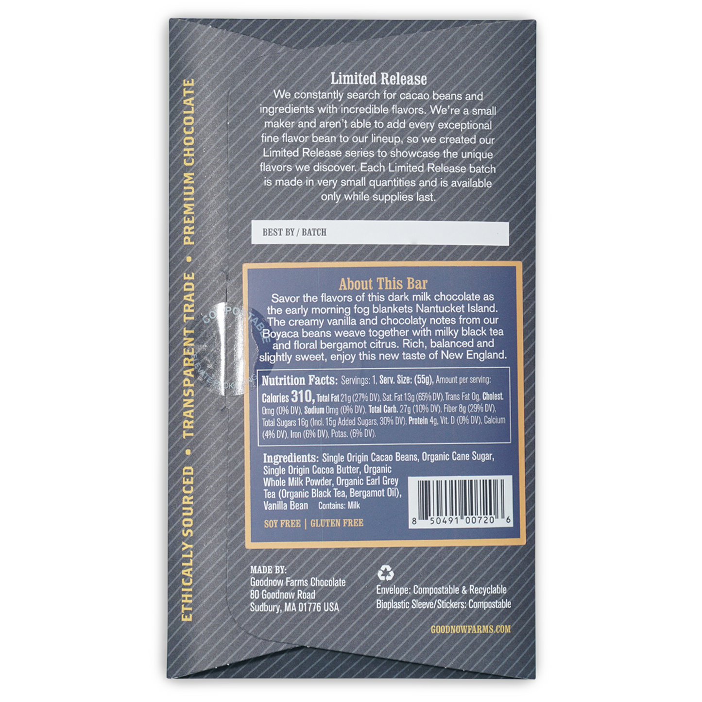 Goodnow Farms Nantucket Fog 65% dark milk chocolate bar in compostable wrapper