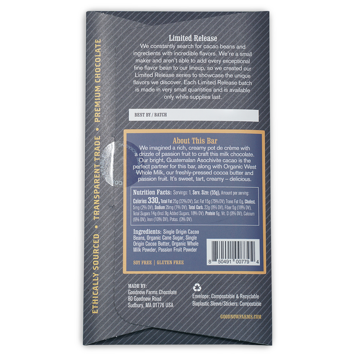 Goodnow Farms Passion Fruit & Cream 62% limited edition chocolate bar wrapper