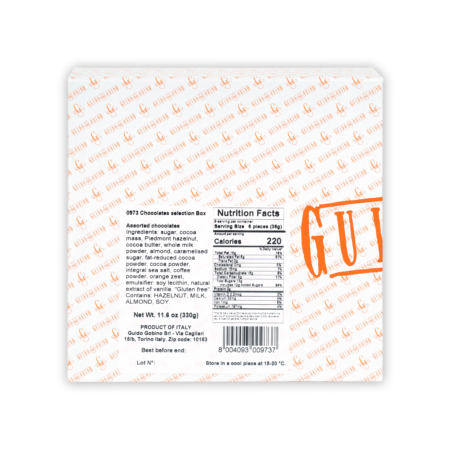 Guido Gobino assorted chocolates selection gift box, white with orange logo