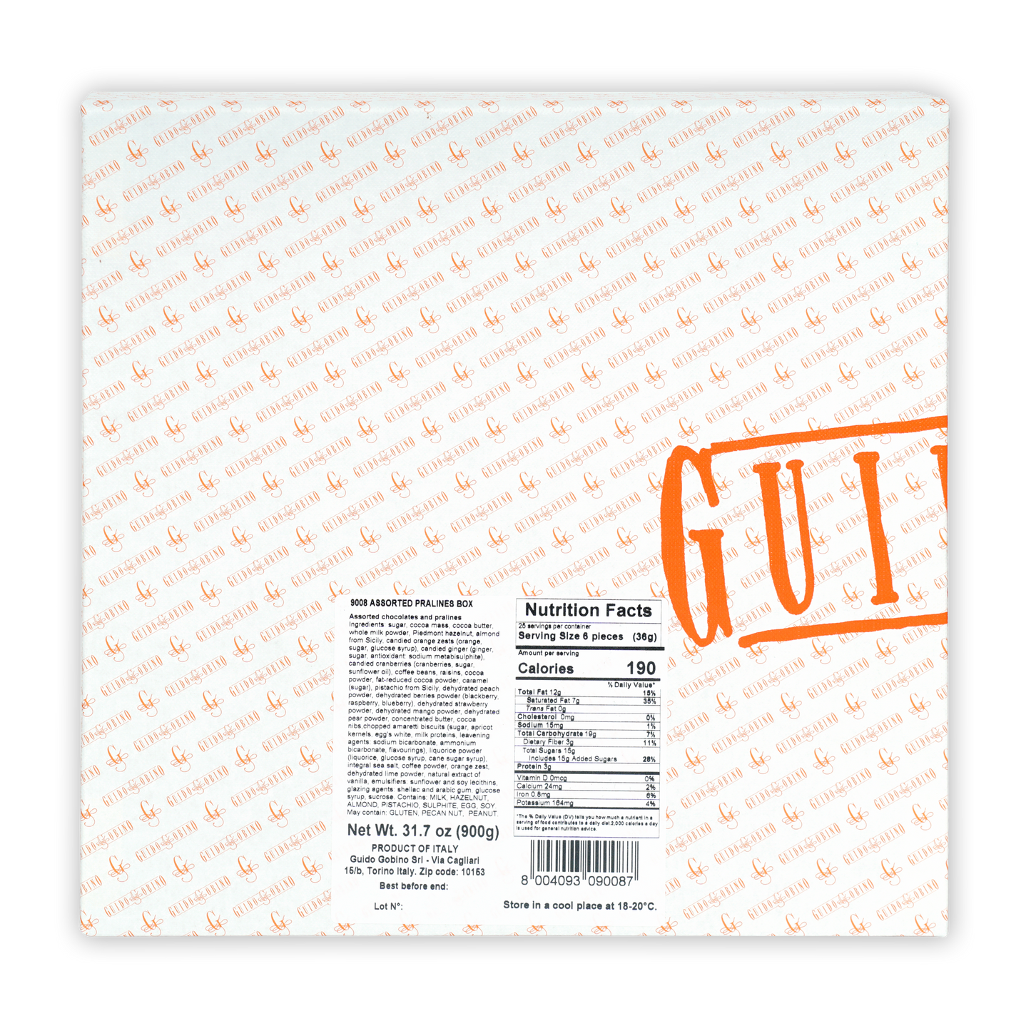 Guido Gobino large assorted pralines gift box back with orange branding