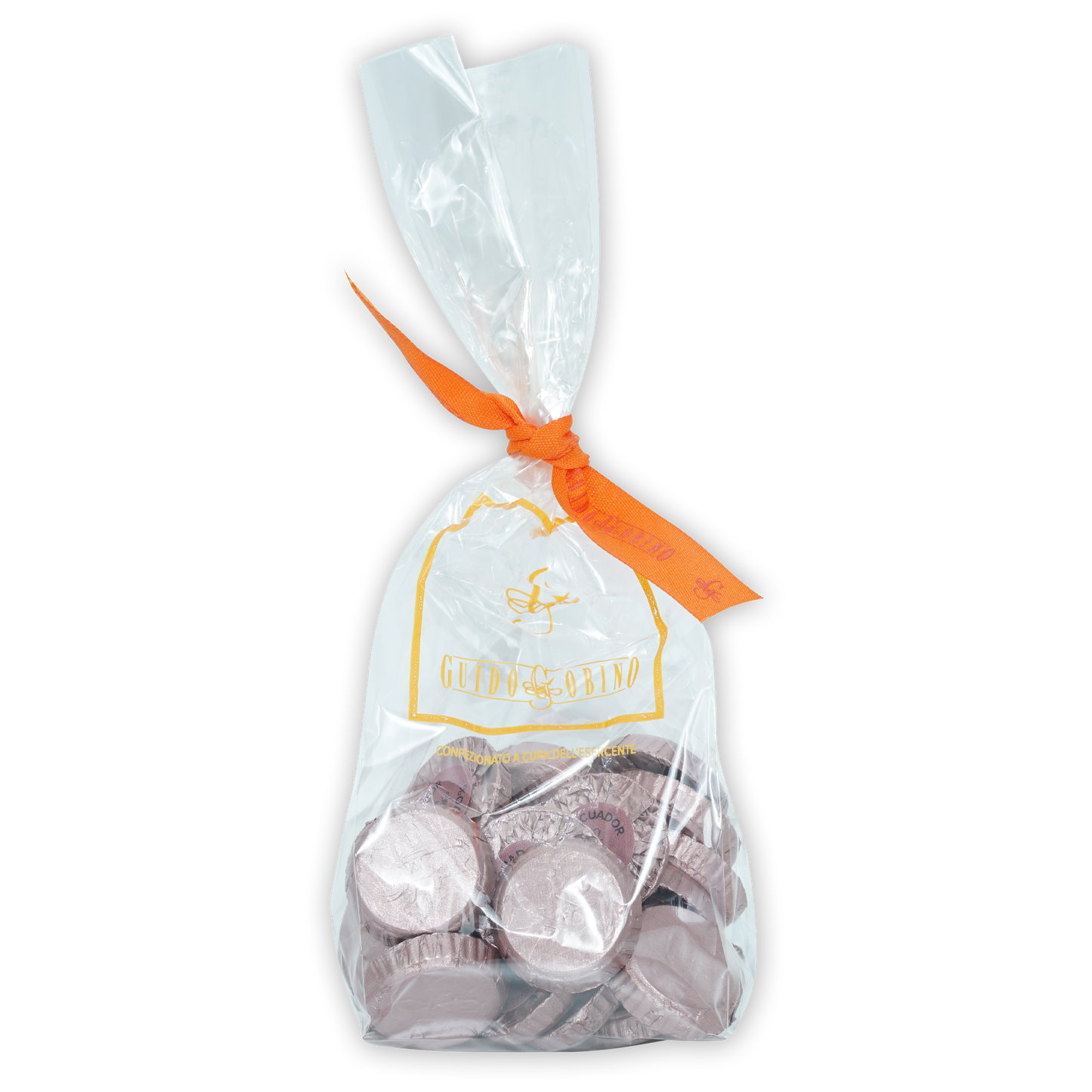 Guido Gobino Ecuador 70% chocolate disks in clear bag with orange ribbon, 25 pcs