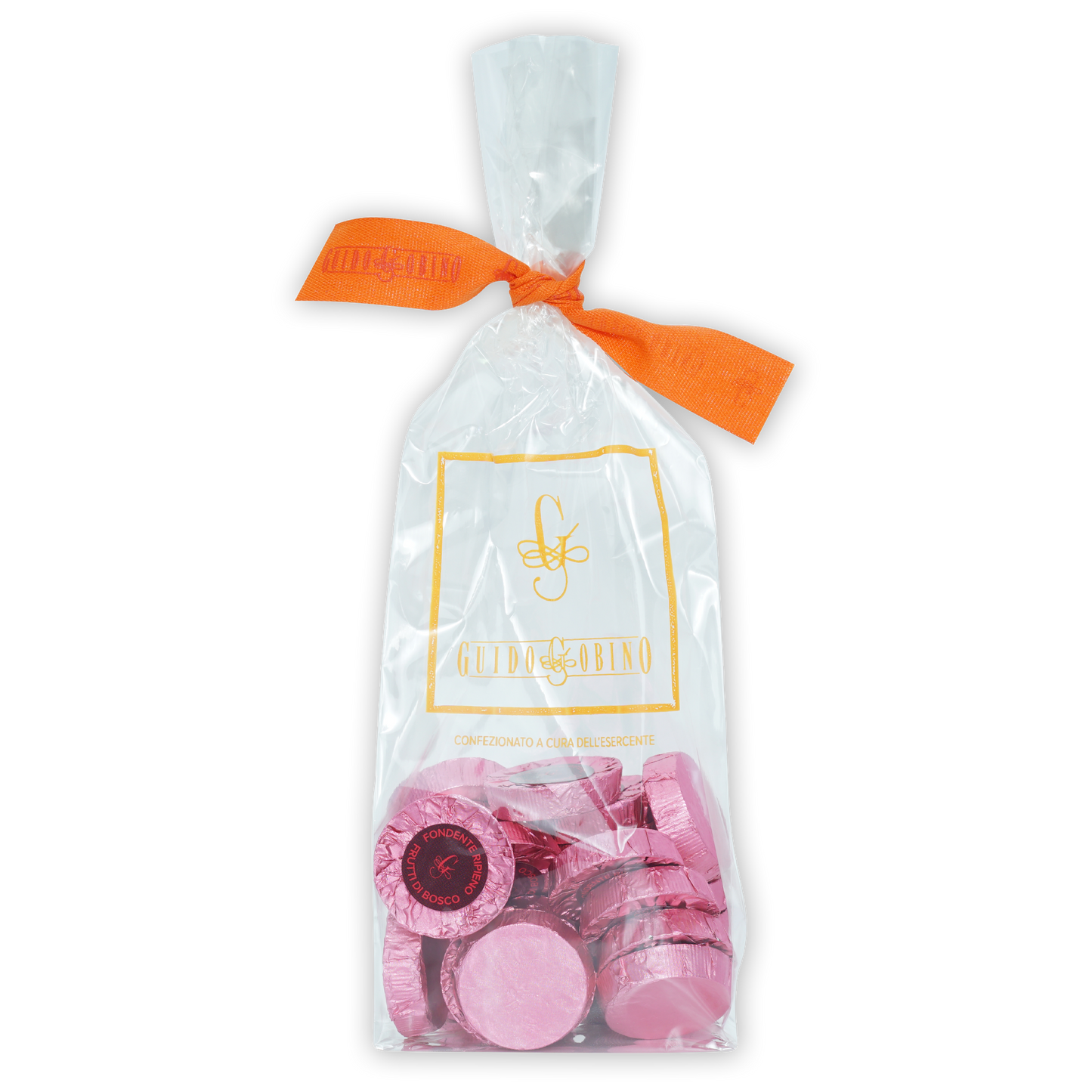 Clear plastic bag of Guido Gobino berry-filled chocolate discs tied with orange ribbon