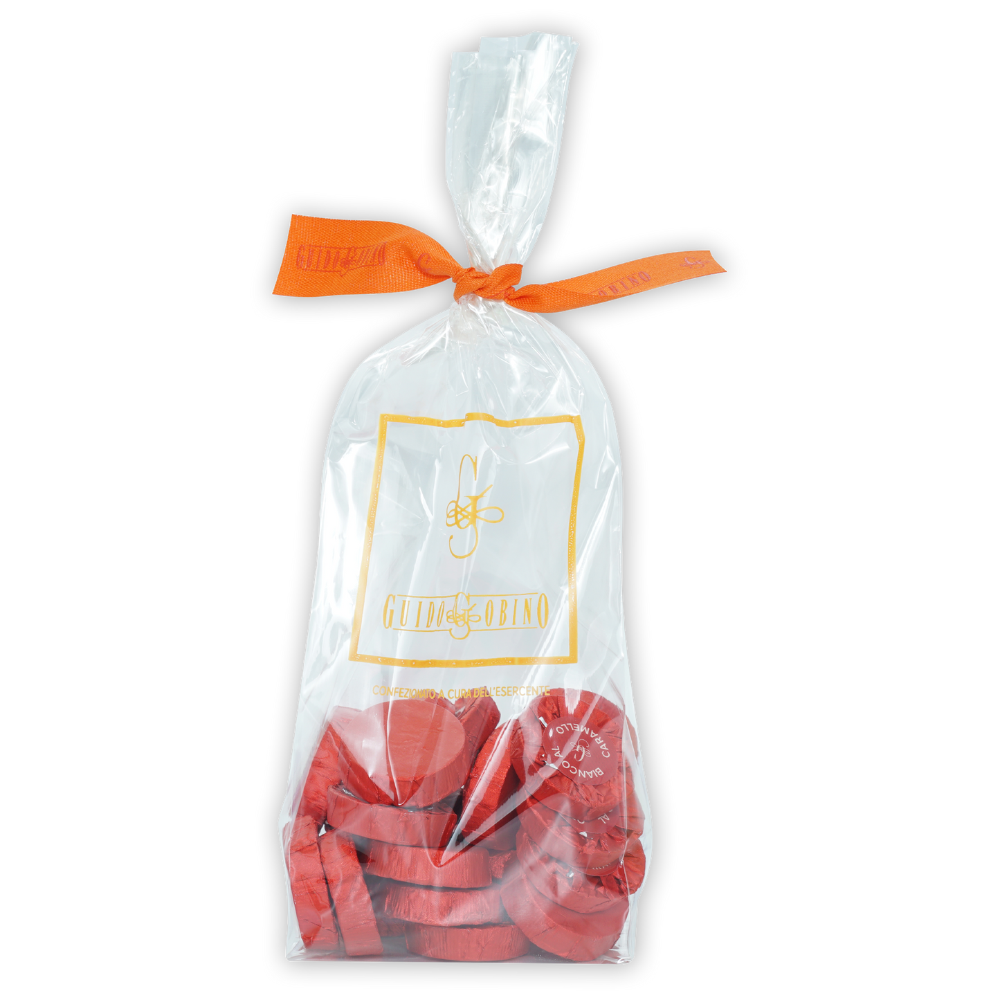 Guido Gobino red heart-shaped Gioia Sodino chocolates in tied bag