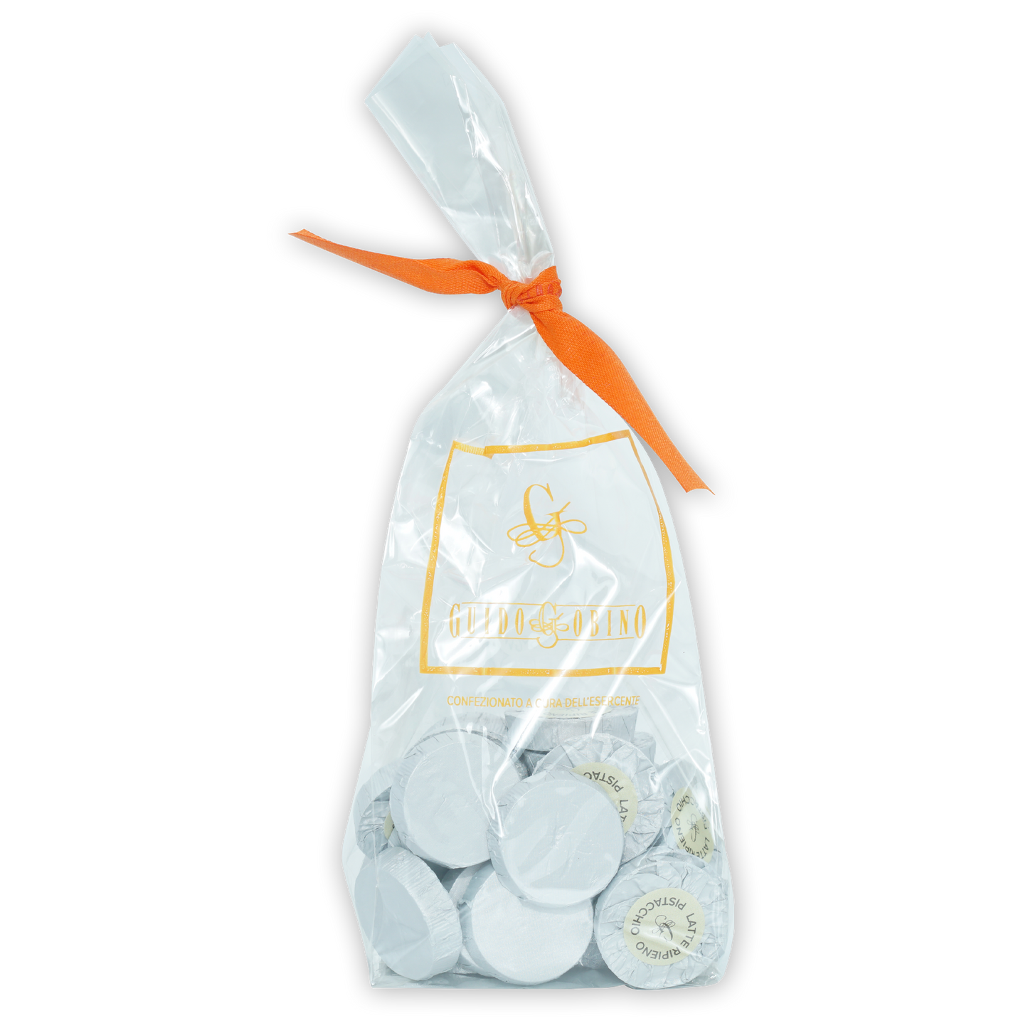 Giovanni white chocolate-covered espresso beans in clear bag with orange ribbon, 25 pcs pistachio filled discs