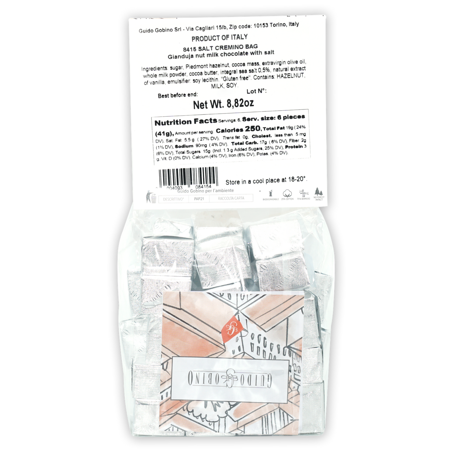 Guido Gobino Sea Salt Cremino Bag with 6 wrapped 8415 squares