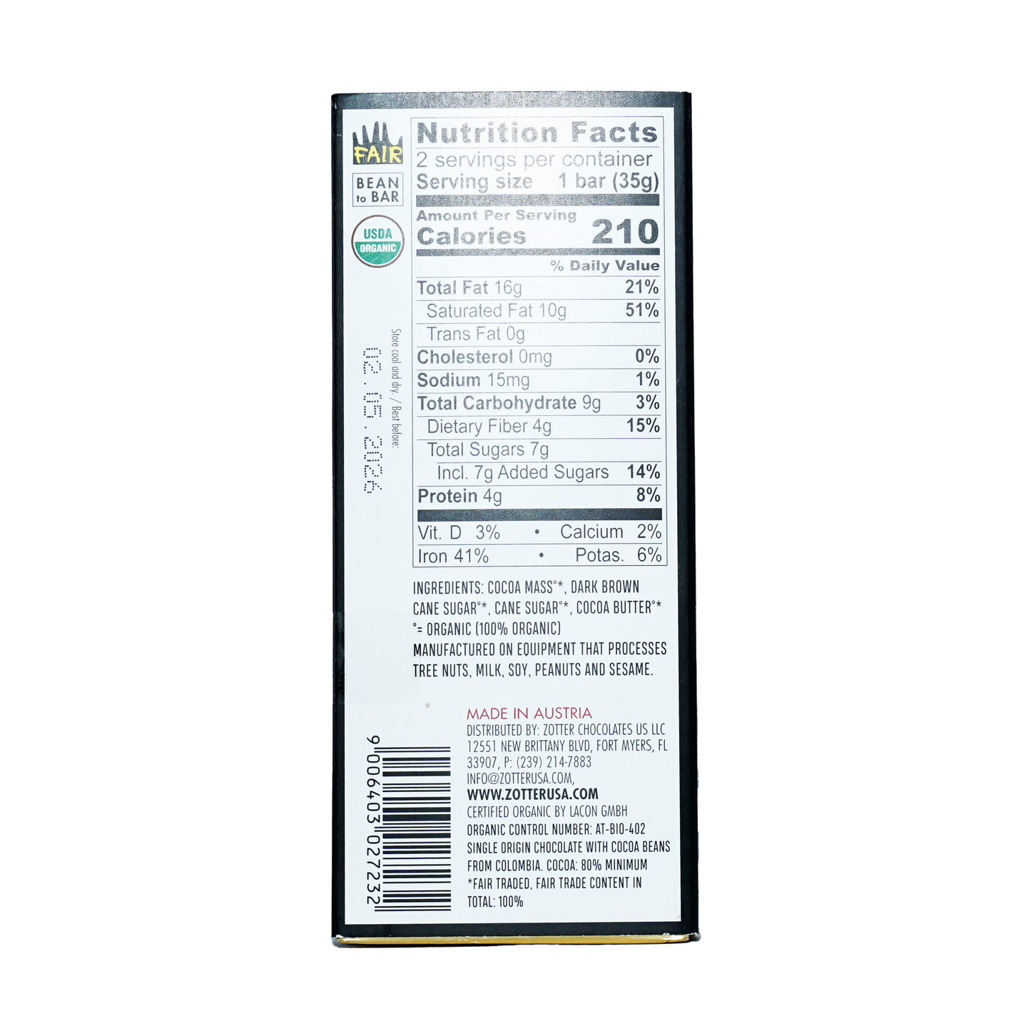 Back of Labooko Dark Colombia 80% white wrapper with organic logos and nutrition facts