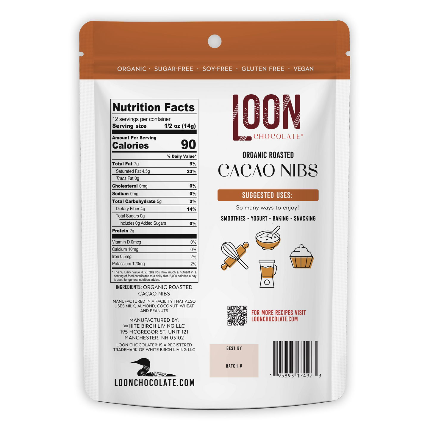 Loon Chocolate organic roasted cacao nibs white orange pouch