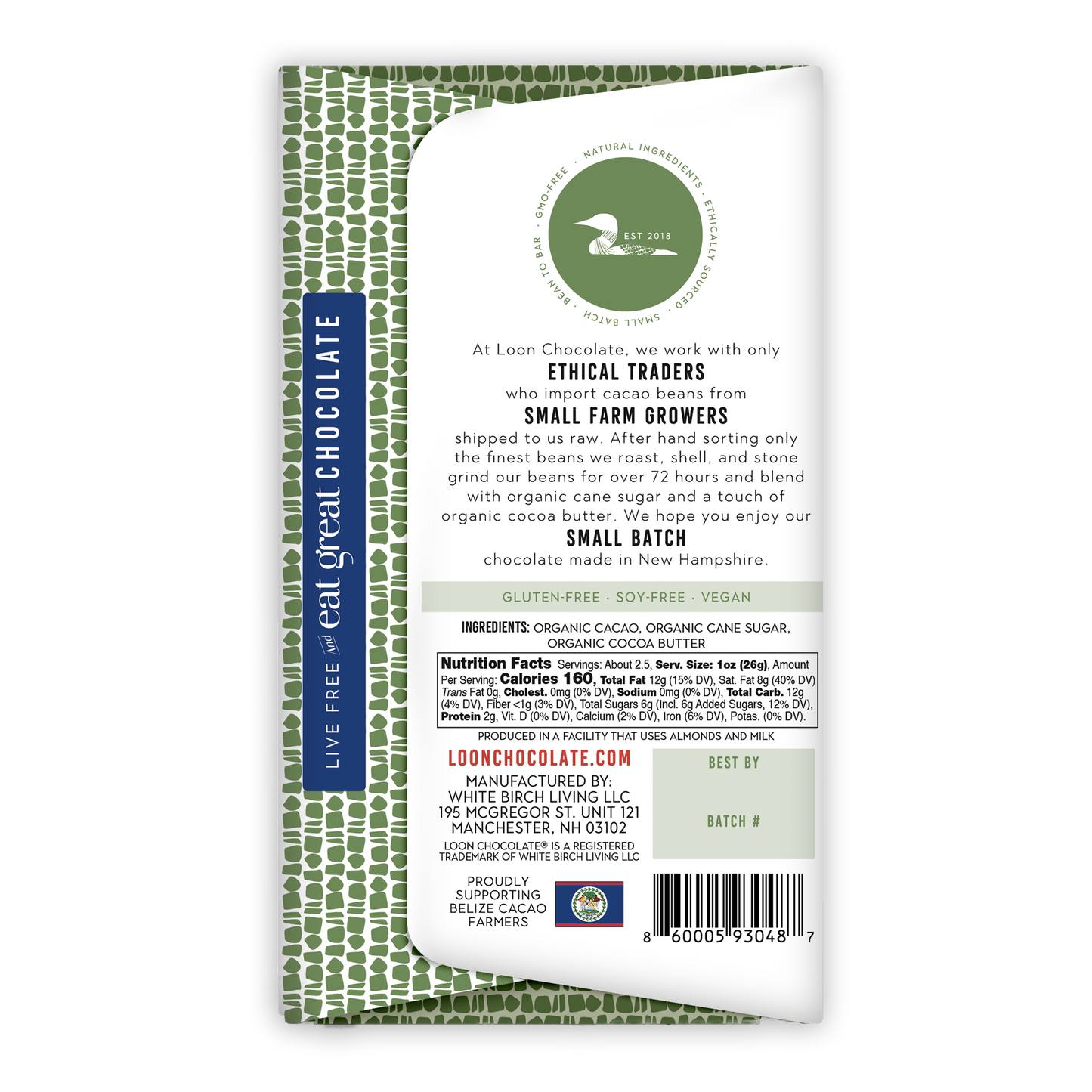 Loon Chocolate Dark Belize 75% bar wrapper with green border and blue stripe