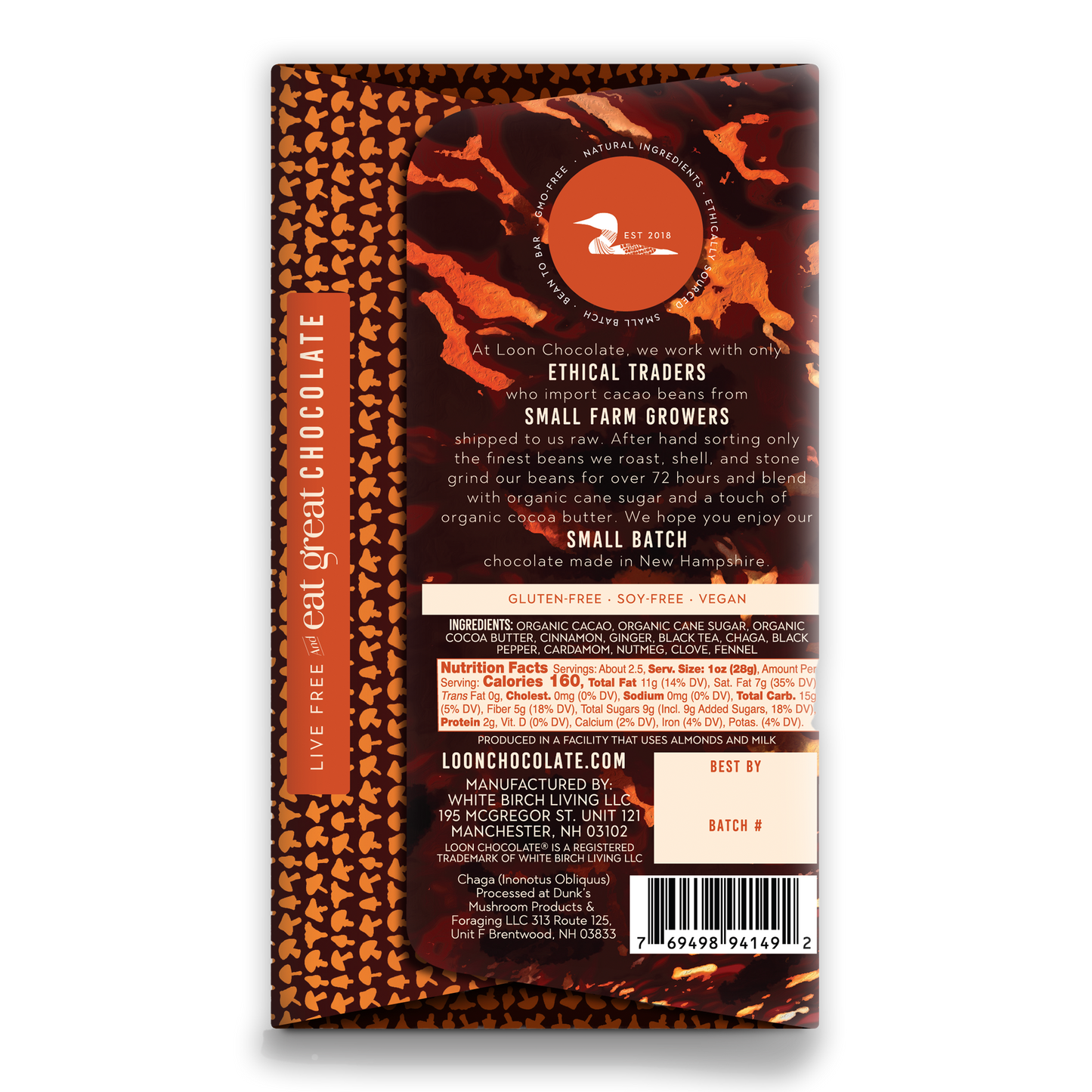 Loon Chocolate Dark w/ Chaga Chai 70% bar with orange brown wrapper