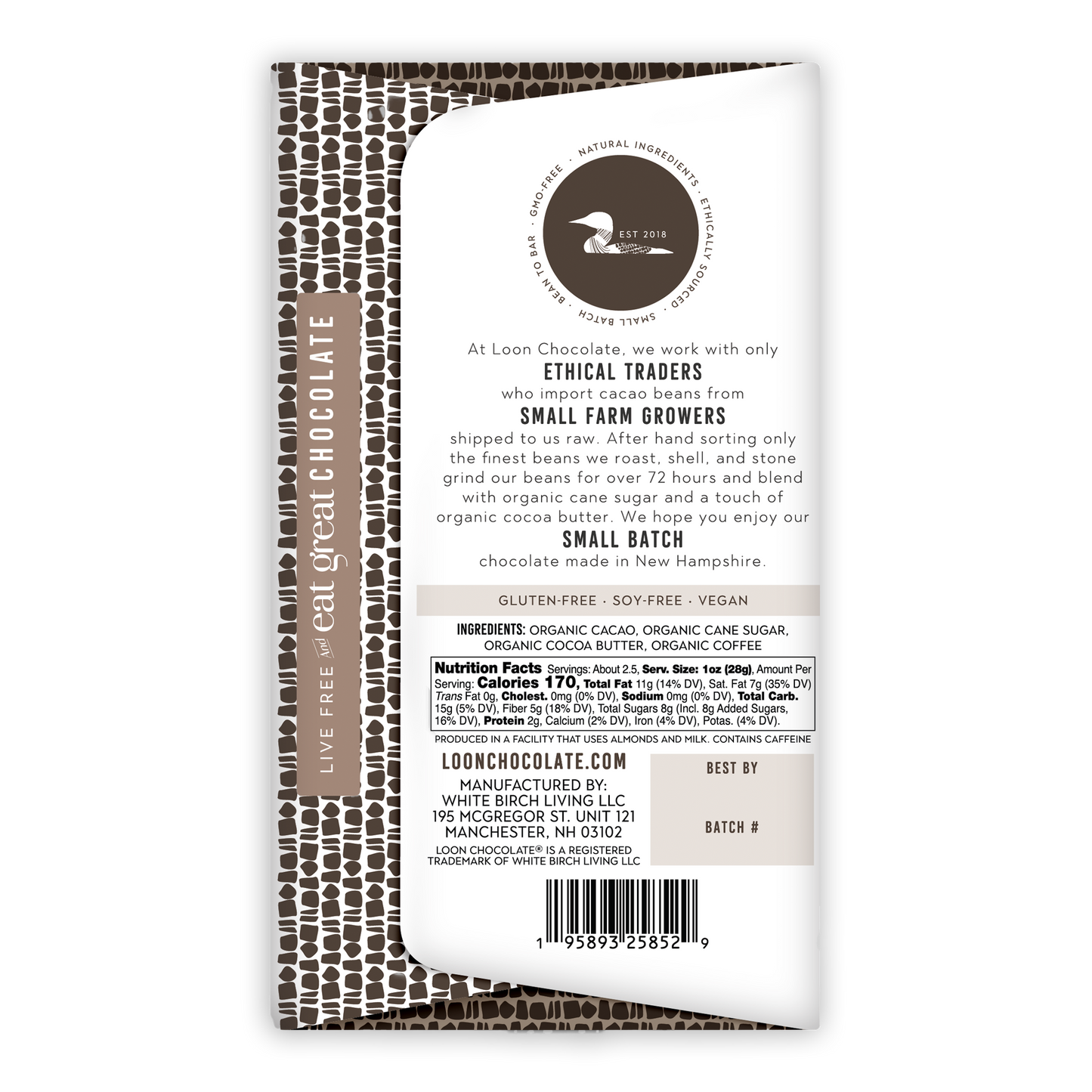 Loon Chocolate Dark w/ Coffee 70% bar with white-brown wrap and black geometric patterns
