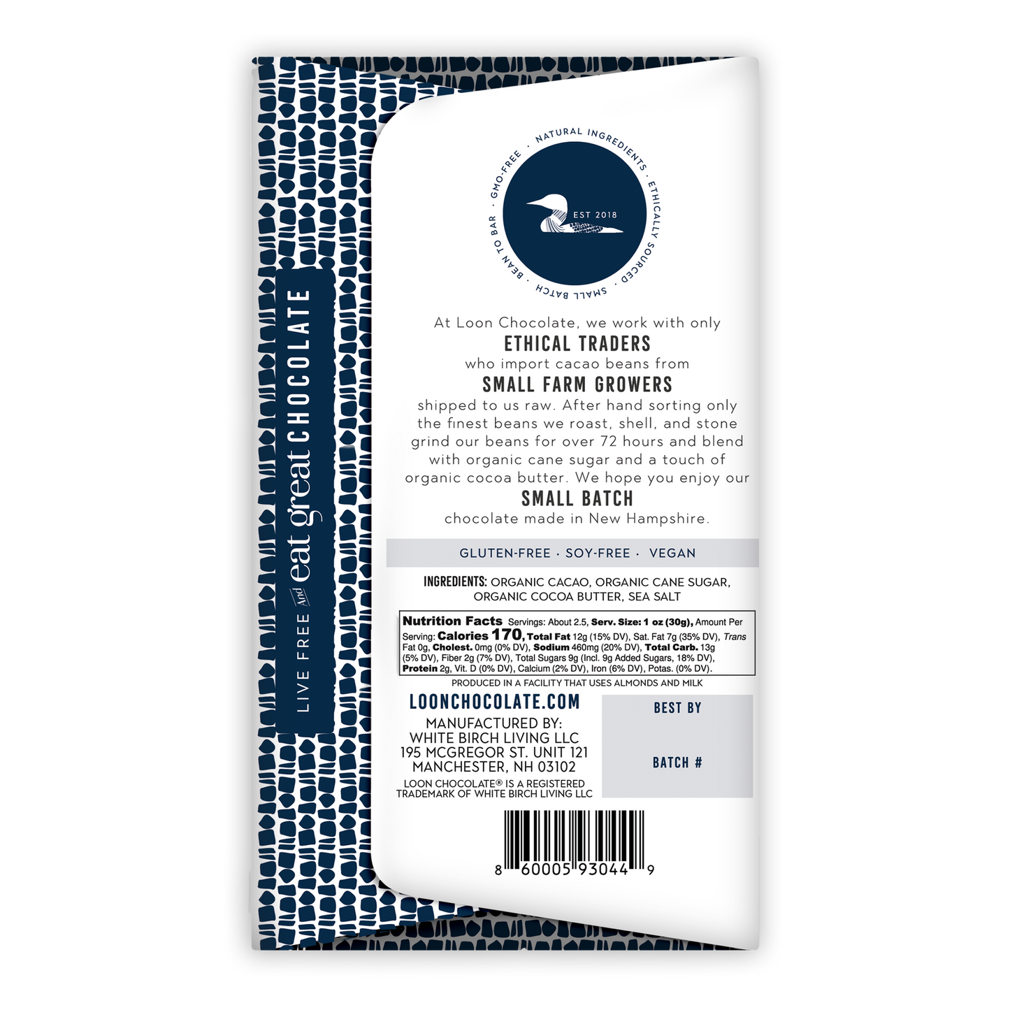 Loon Chocolate Dark w/ Maine Sea Salt 70% white wrapper, bird logo, gluten/soy/vegan-free