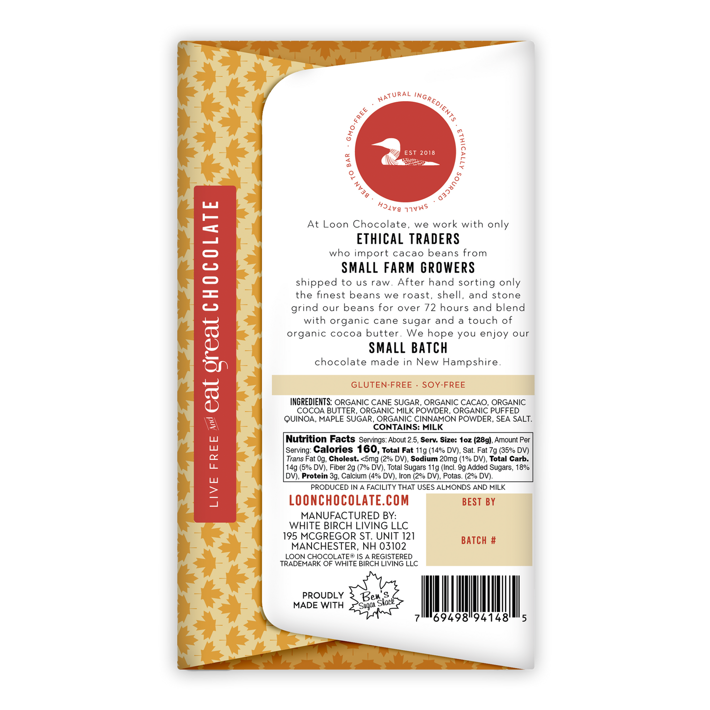 Loon Chocolate Milk Maple Crunch 50% bar wrapper with ethical sourcing text
