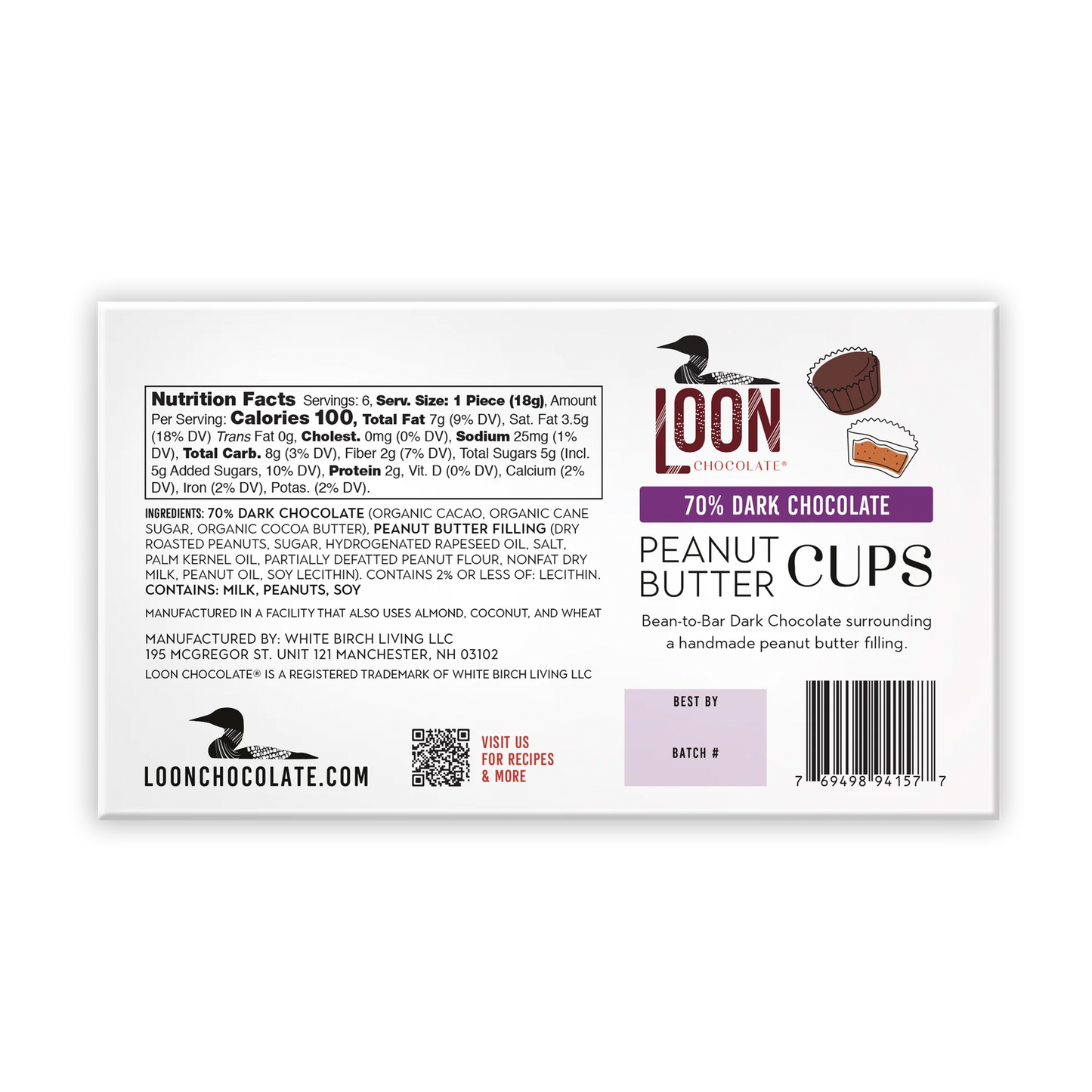 Loon Chocolate 70% dark peanut butter cups white package with purple banner