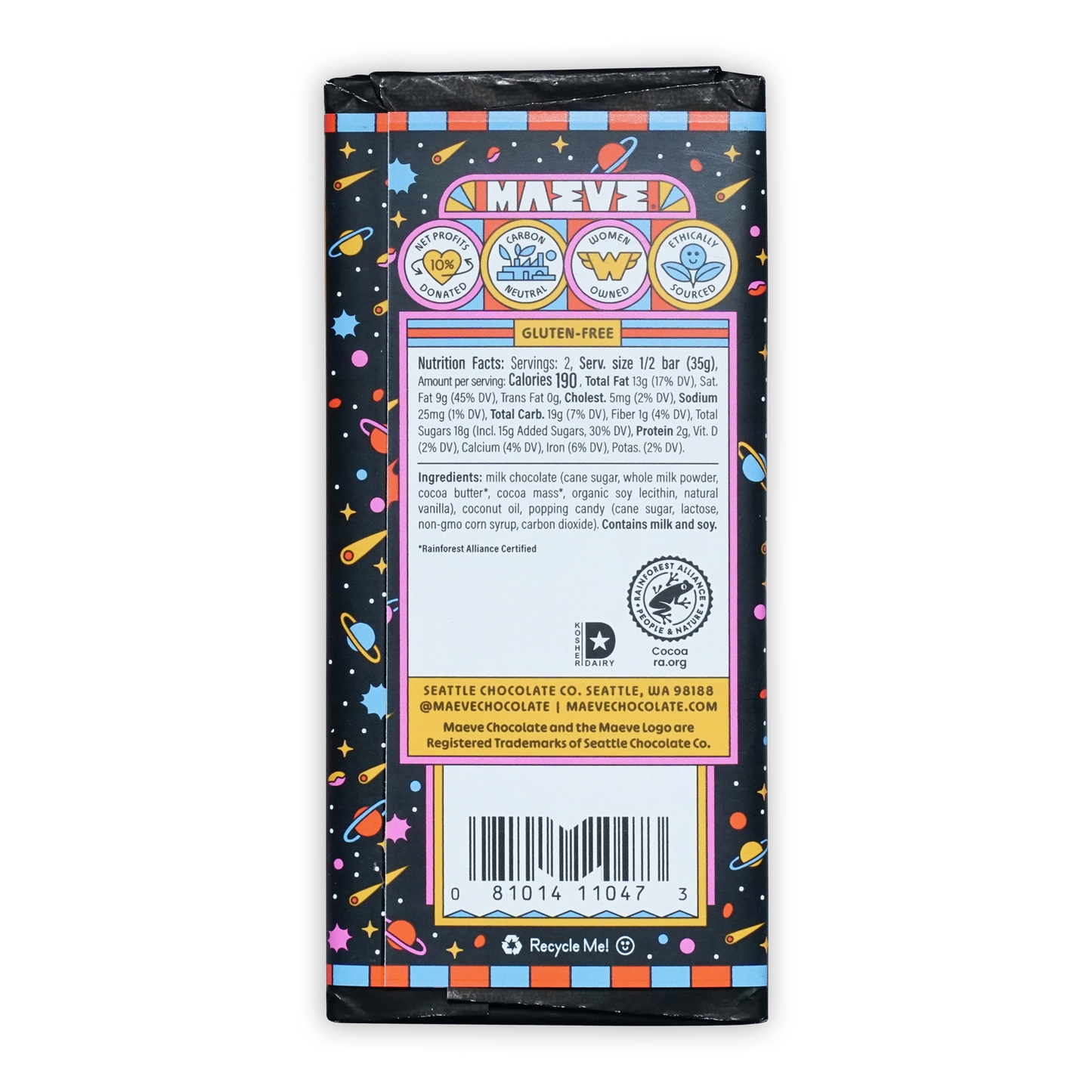 Maeve Moon Rocks Truffle Bar in space-themed wrapper with planets and stars