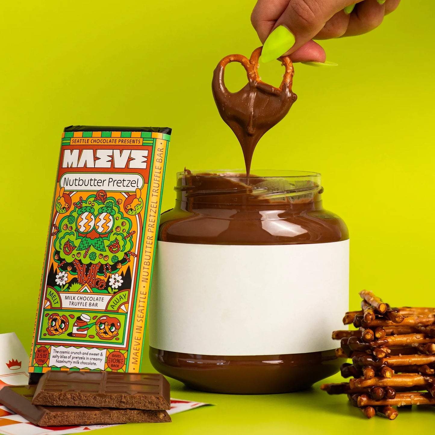 Vibrant cartoon Maeve Nutbutter Pretzel Milk Chocolate Truffle Bar wrapper